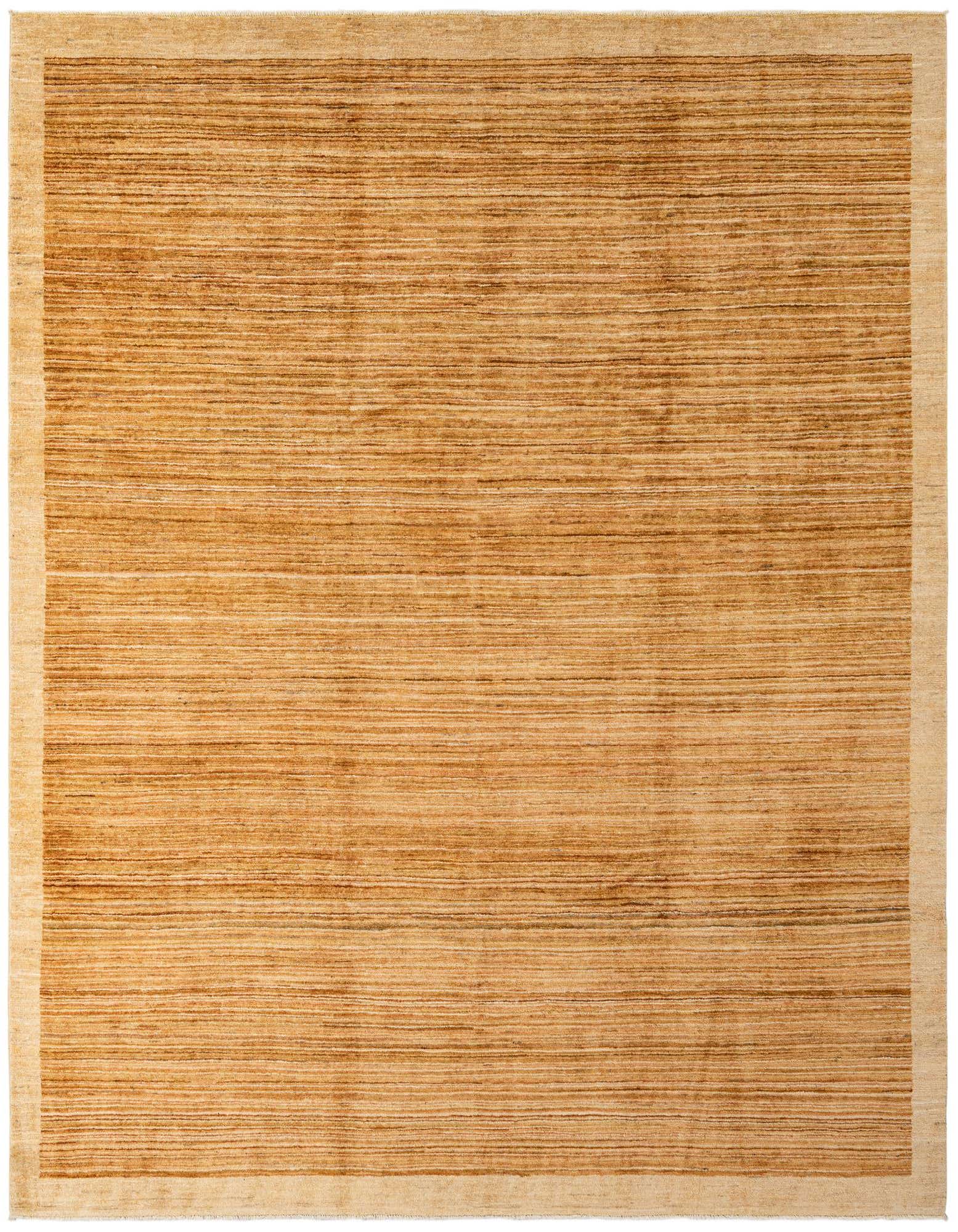 A rectangular 8x10 Modern Ziegler wool rug in varying shades of brown and tan with a subtle striped pattern and a lighter border.