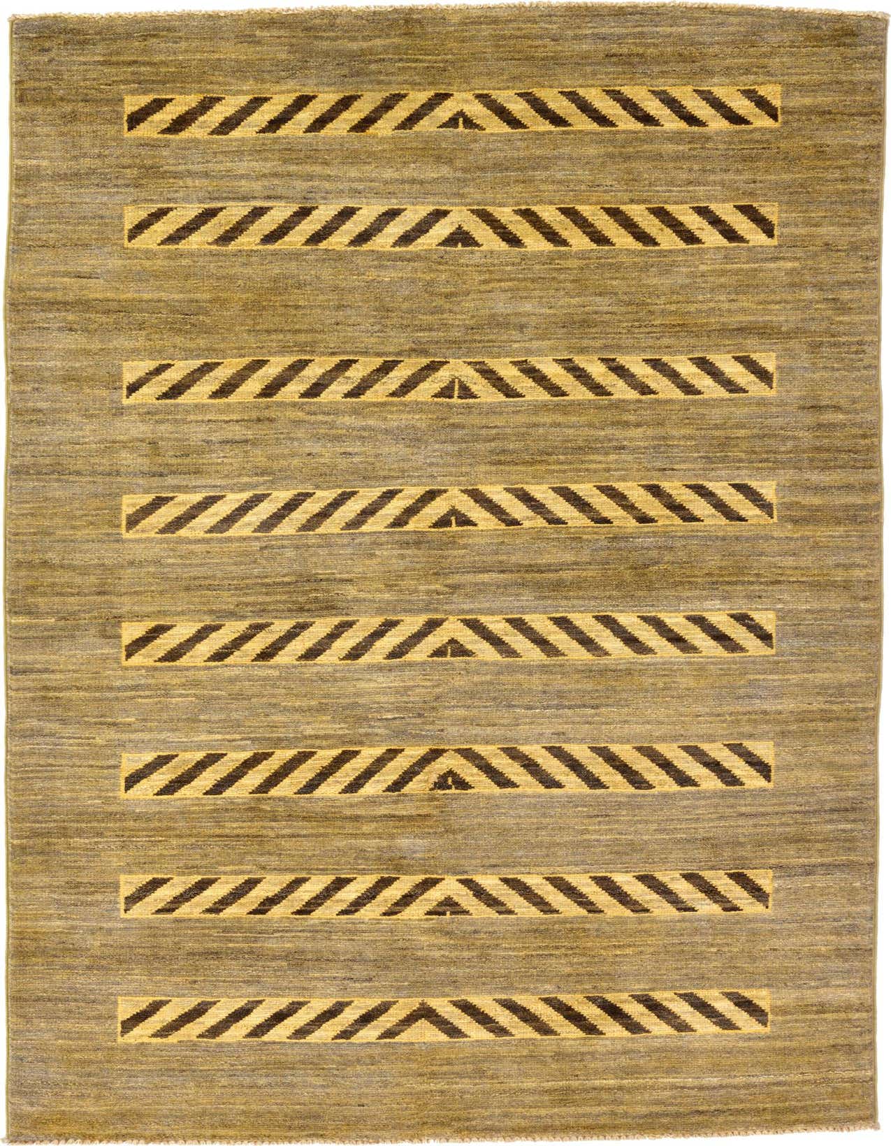 A 4x6 rectangular Modern Ziegler rug featuring a tan field with horizontal brown striped patterns and tribal accents.