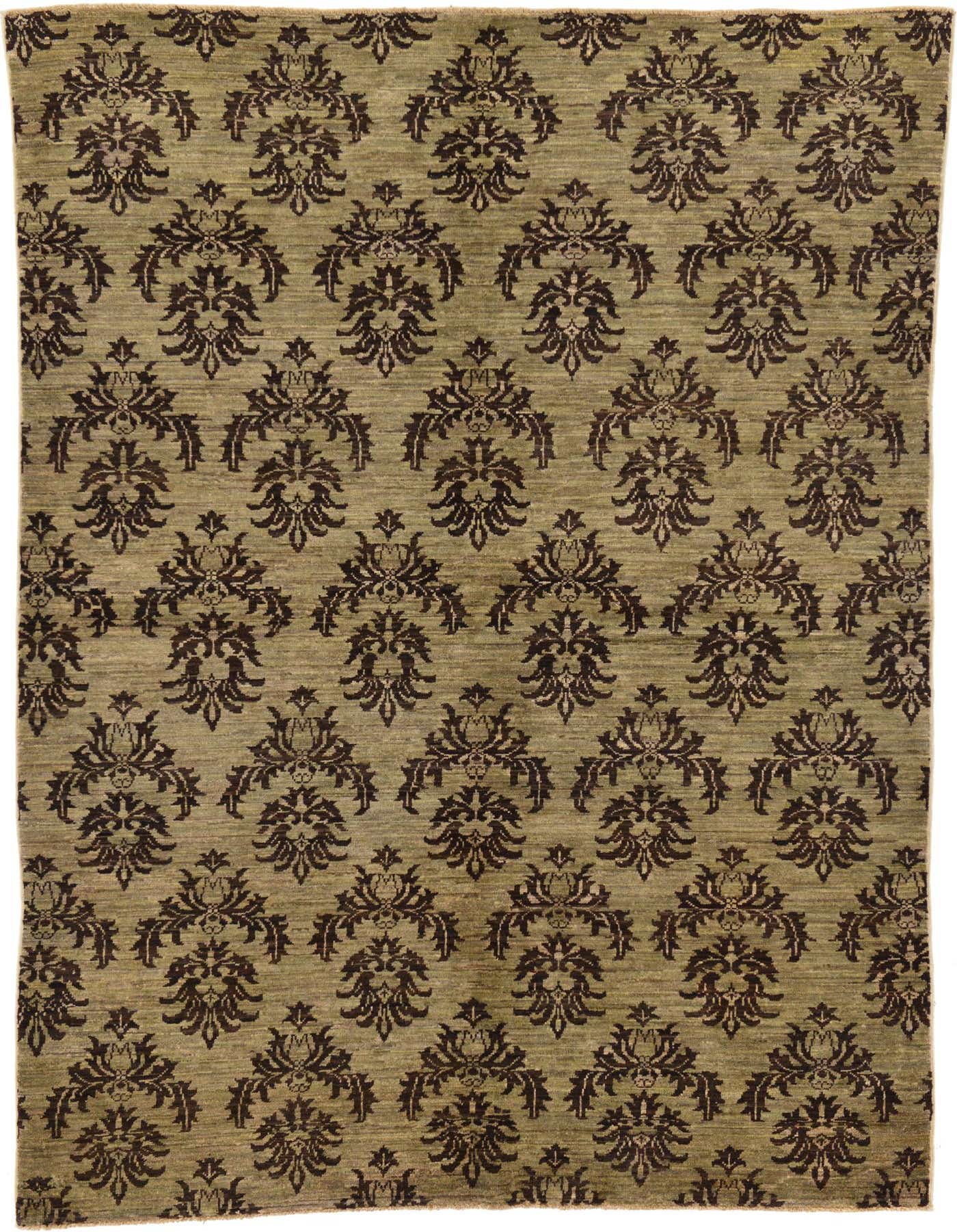 A 5x8 rectangular Modern Ziegler rug featuring a repeating dark brown botanical pattern on a light brown background.