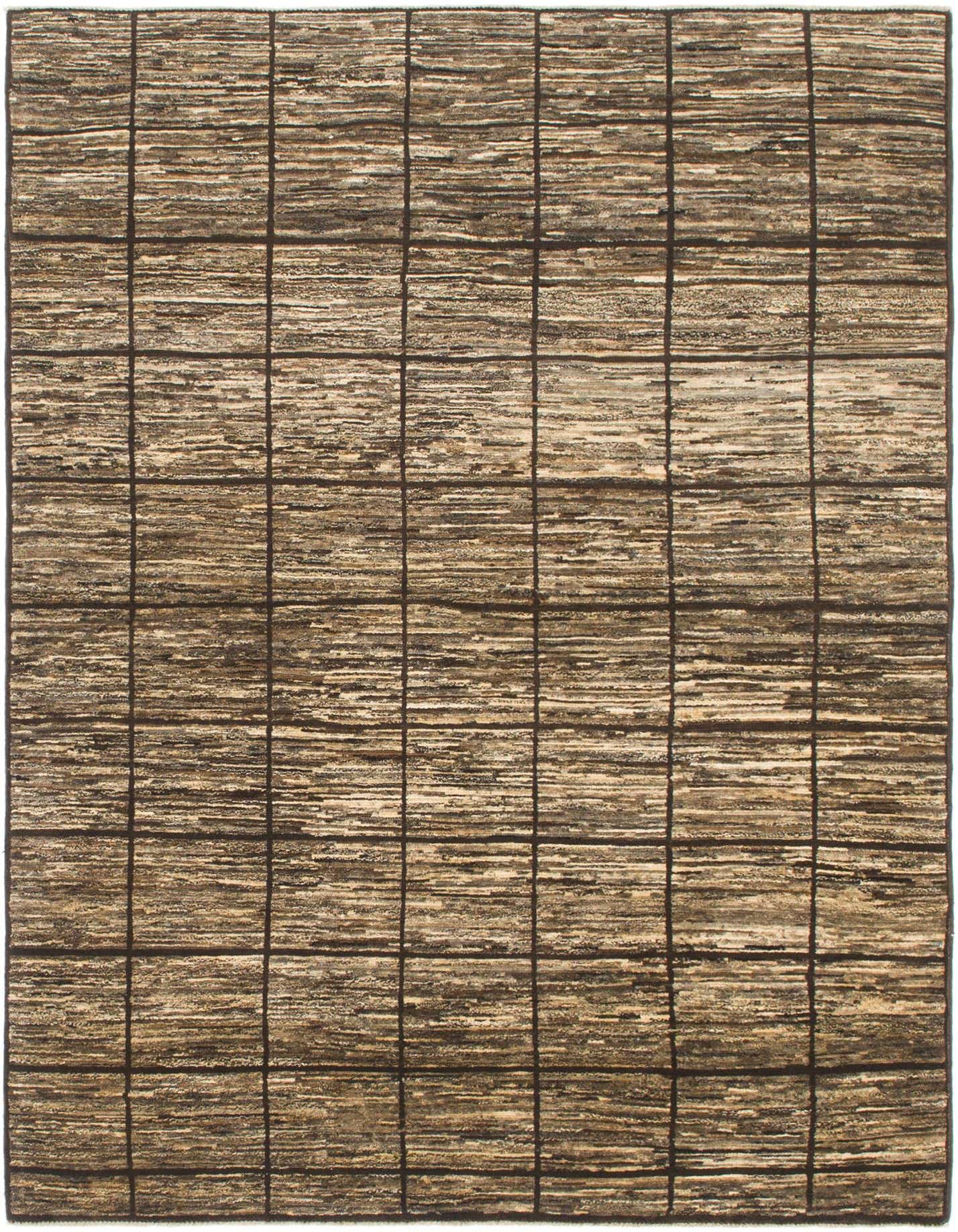 A 5x7 rectangular brown and tan wool rug with a modern grid pattern, suitable for an indoor living space.