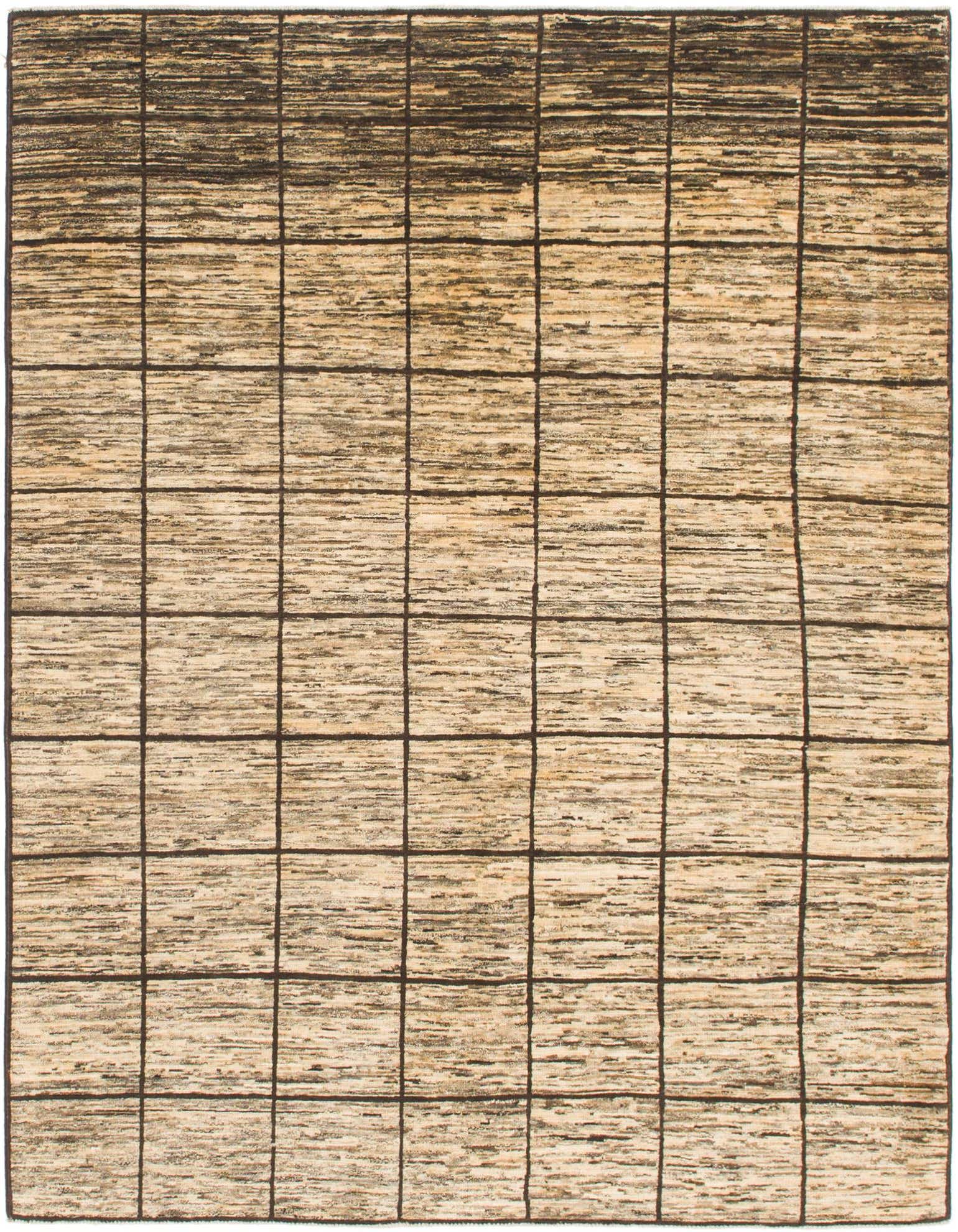 A 5x7 rectangular rug featuring a grid pattern with varying shades of brown and tan, showcasing its hand-spun wool texture.