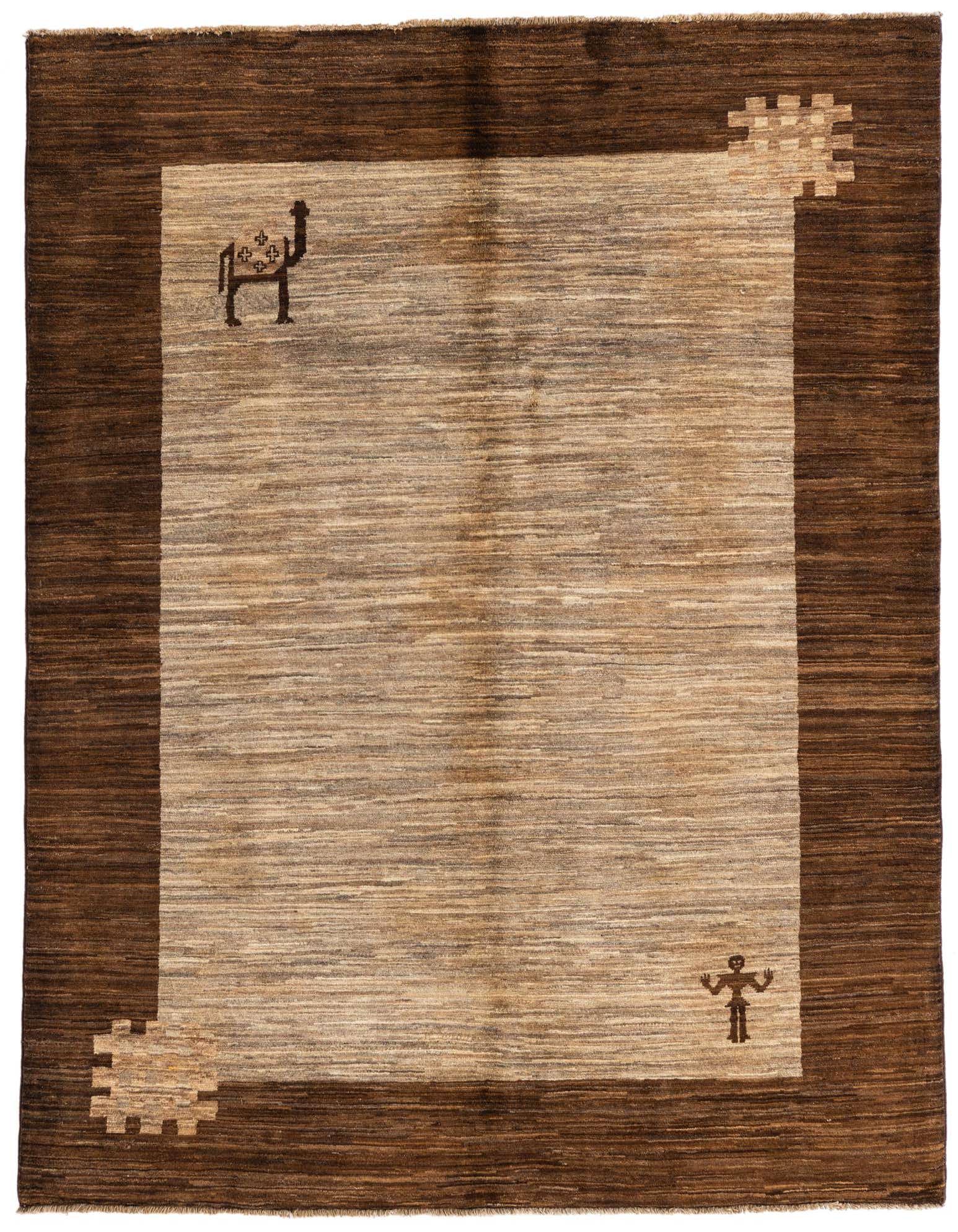 A 4x6 rectangular Modern Ziegler rug in varying shades of brown and tan, featuring a wide dark brown border and a lighter tan center with subtle horizontal striations. The tan field includes two small, dark brown stylized figures: one resembling a camel in the upper left, and another a human-like figure in the lower right. Two decorative, geometric corner motifs in tan and brown are visible on the border.