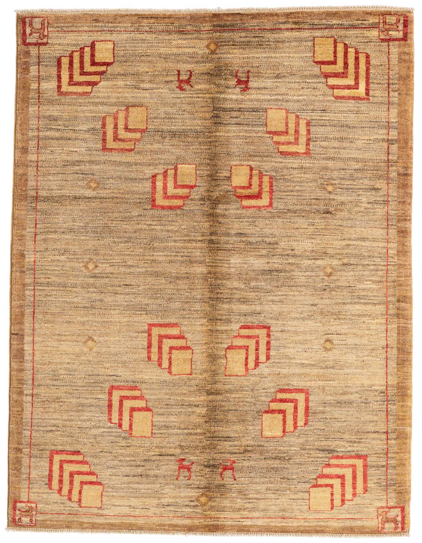 A 4x6 rectangular Modern Ziegler rug in browns and tans with abstract red and gold geometric patterns.