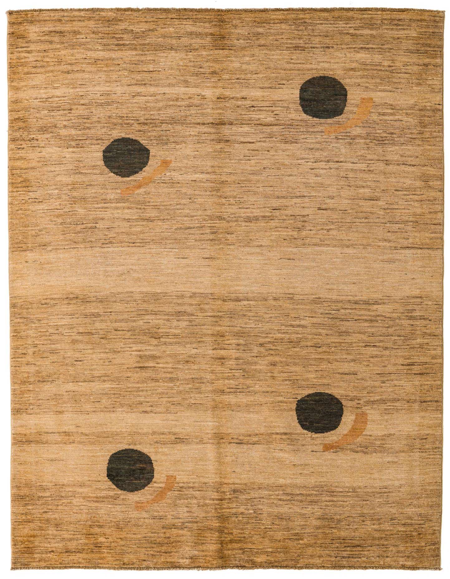 A 5x8 rectangular Modern Ziegler rug with a tan and brown striated background and four abstract black and tan circular patterns.