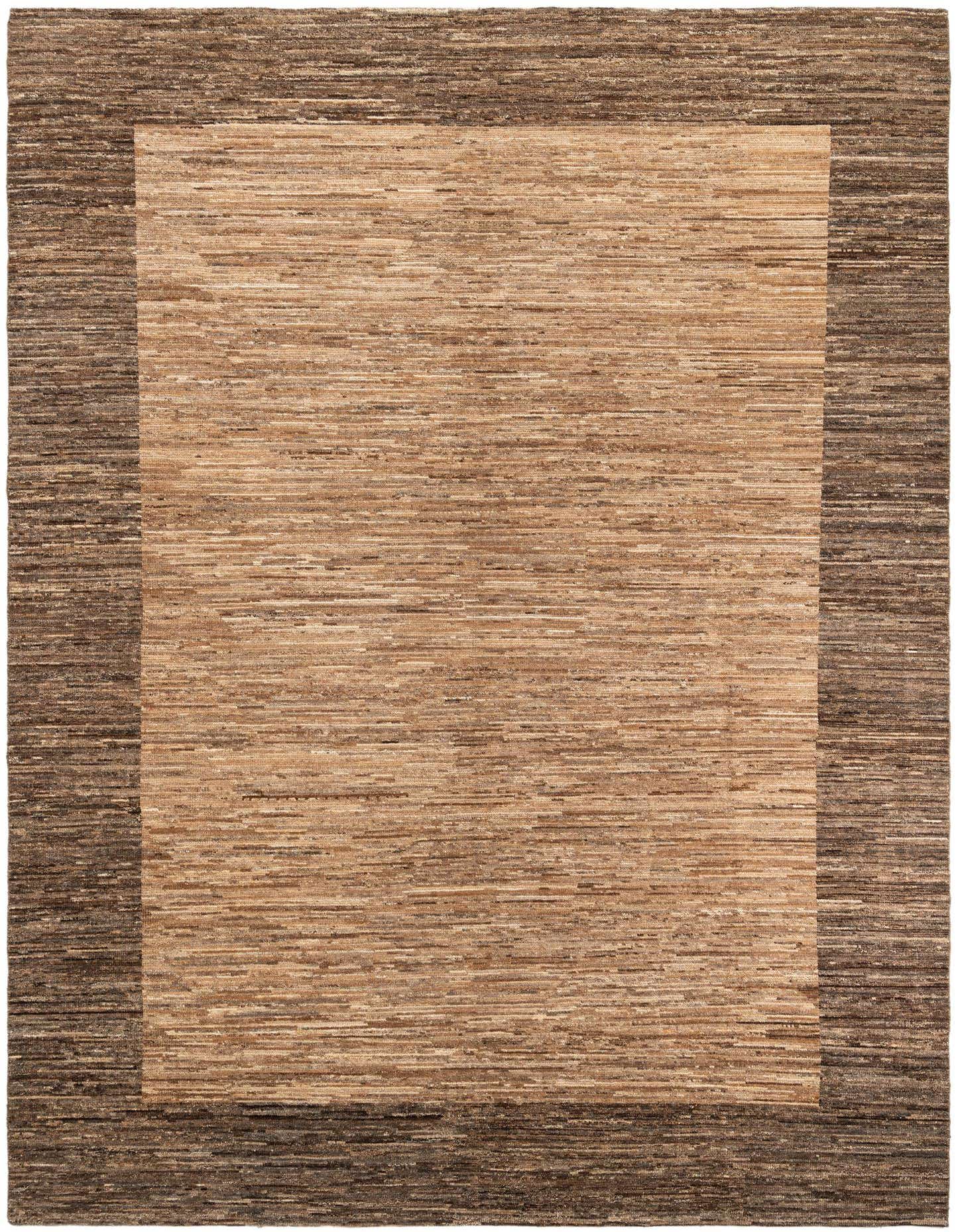 A 10x13 rectangular Modern Ziegler rug featuring a light brown center and a darker brown border, made from hand-spun wool.