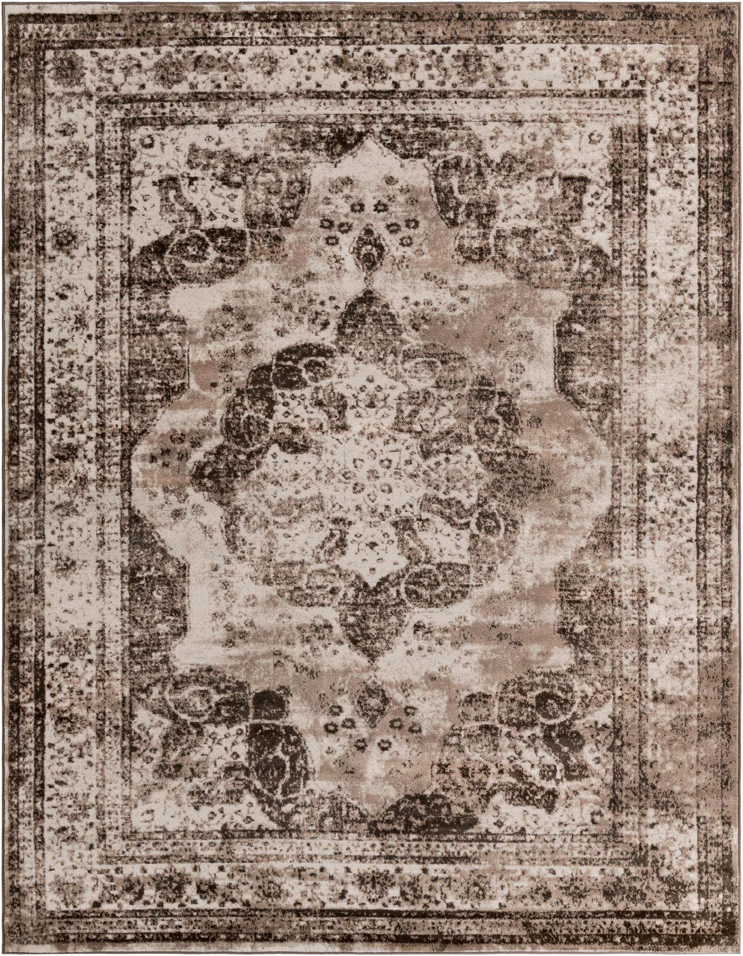 A 9x12 rectangular Monte Carlo rug featuring a distressed medallion pattern in varying shades of brown and tan.