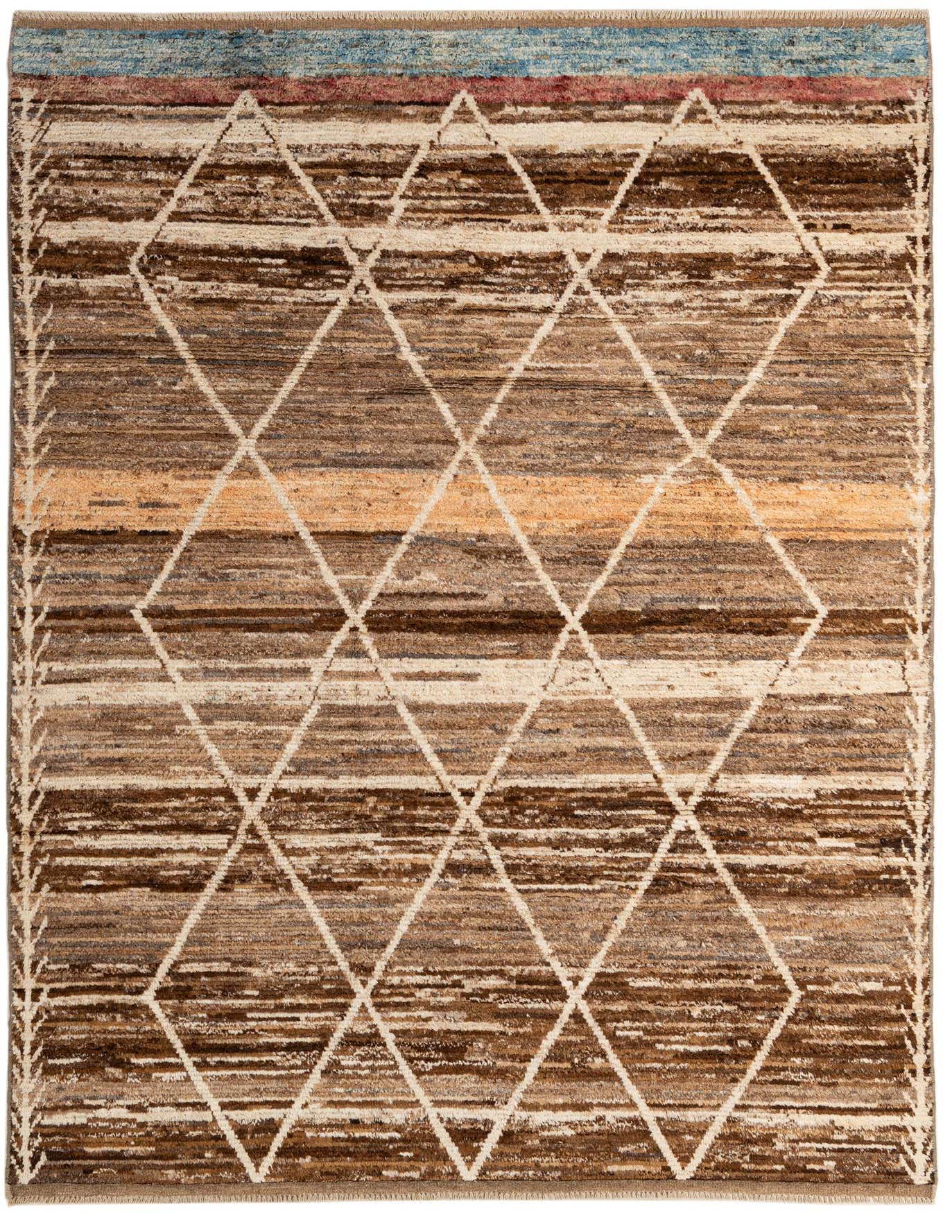 A 6x9 rectangular Moroccan rug featuring a tribal diamond pattern in various shades of brown and tan, with hints of blue and red at one end.