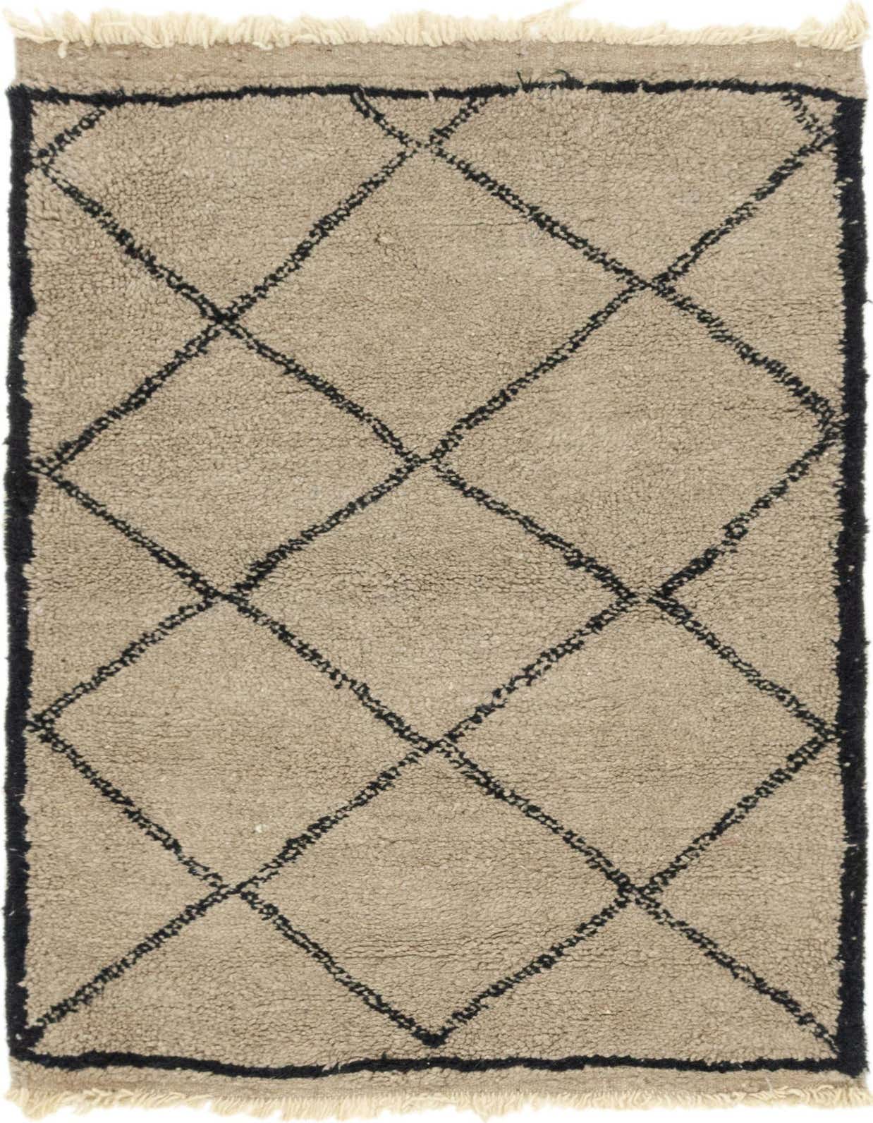 A 4x6 rectangular Moroccan shag rug in brown and tan with a black diamond pattern, featuring fringe.