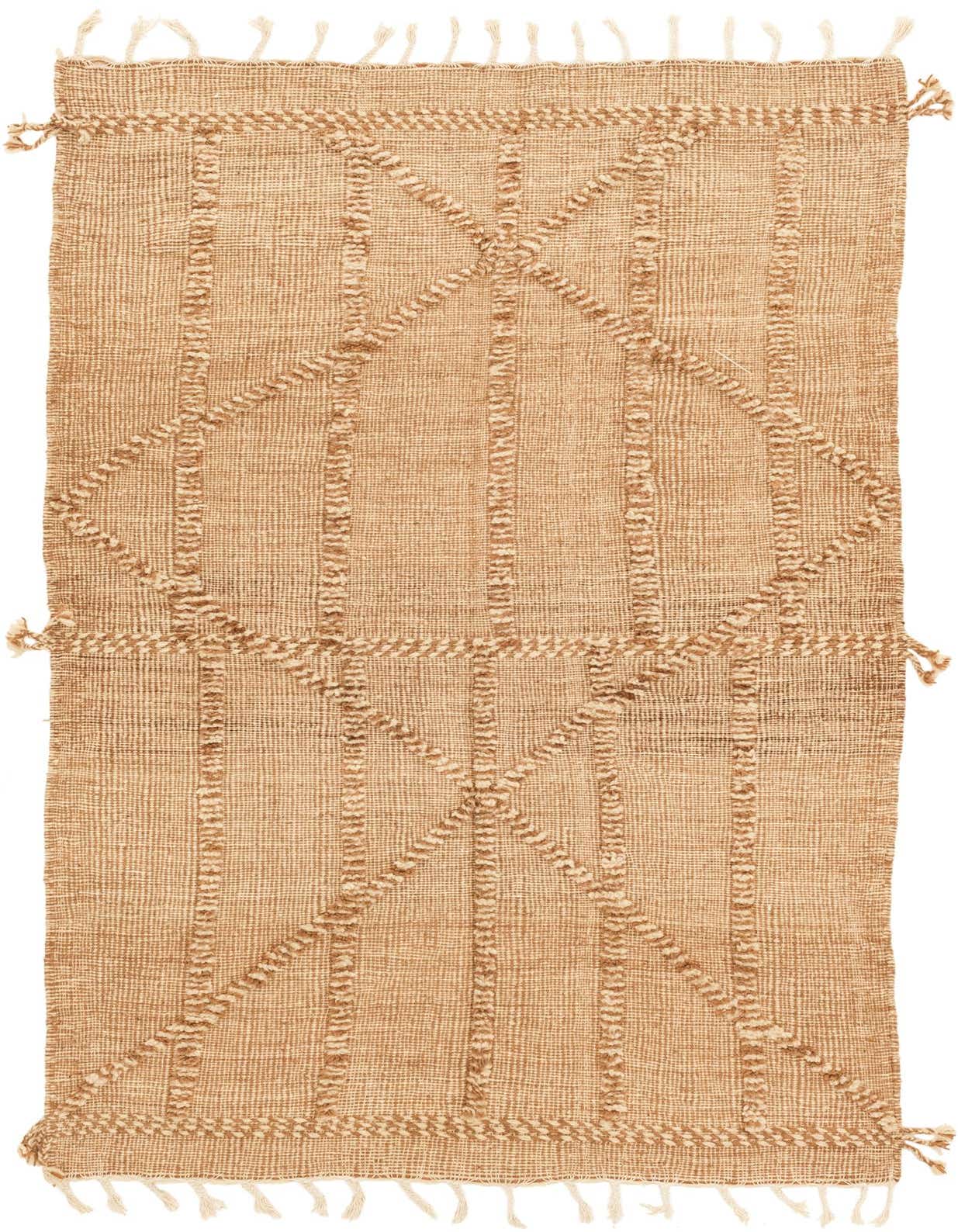 A rectangular 5x8 brown wool rug with a tribal geometric pattern and shag pile, ideal for a living room.