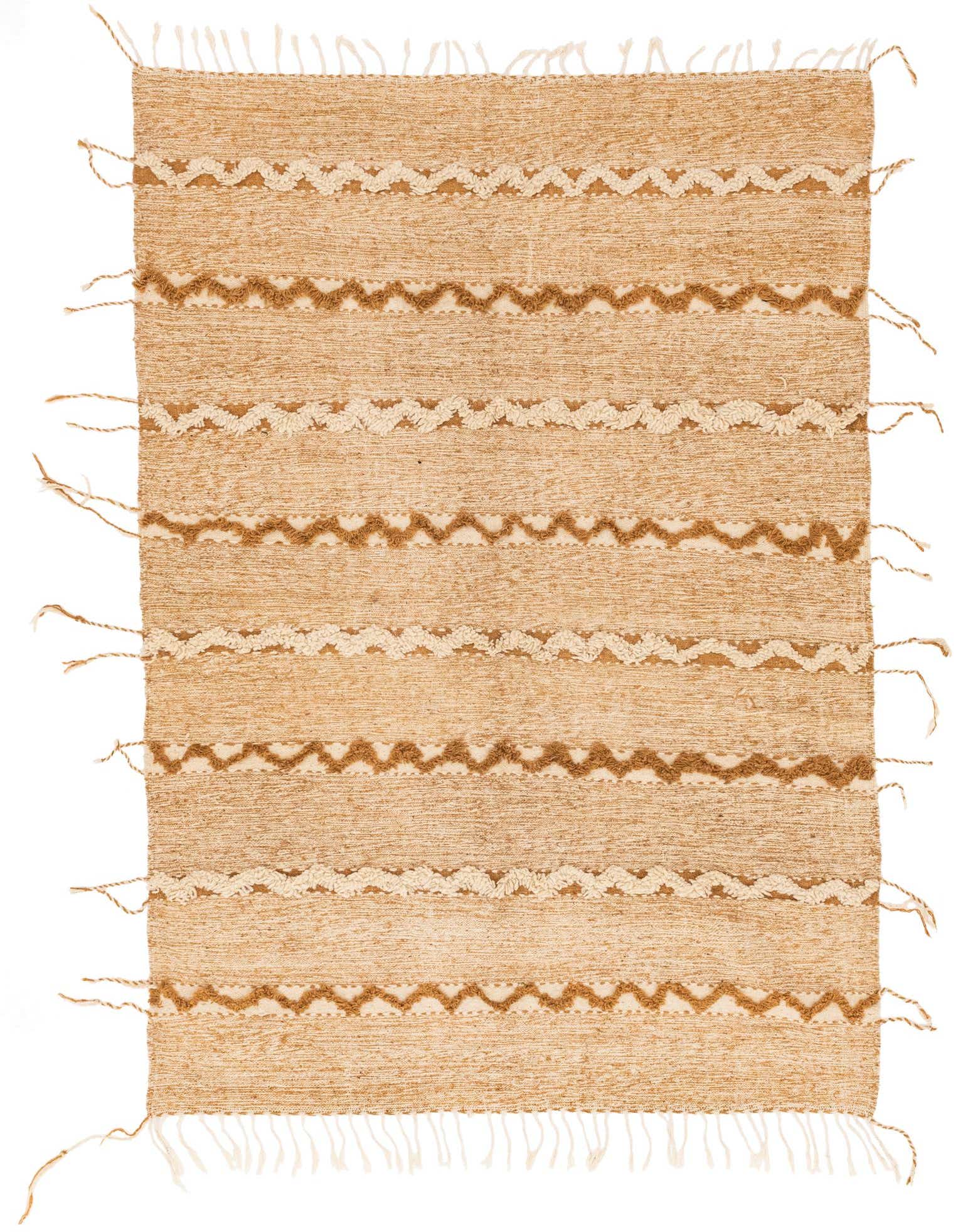 A 7x10 rectangular brown and tan wool shag rug with alternating tribal stripe patterns and fringe.