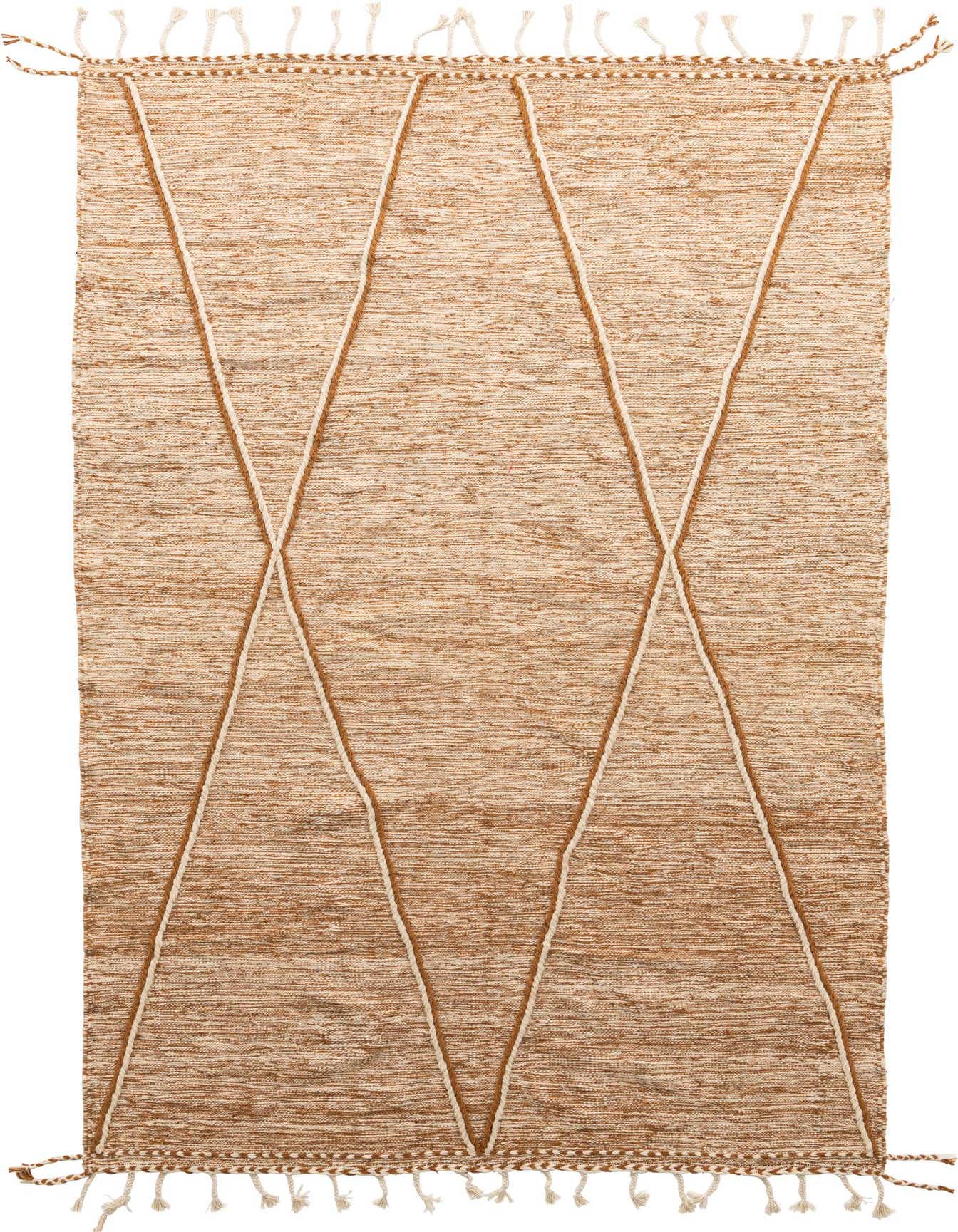 A 6x9 rectangular brown and tan wool shag rug with a modern tribal diamond pattern and fringe.