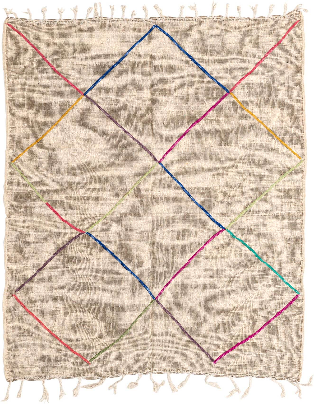 A 6x9 rectangular Moroccan shag rug with a natural brown base and colorful tribal diamond patterns, featuring tassels.