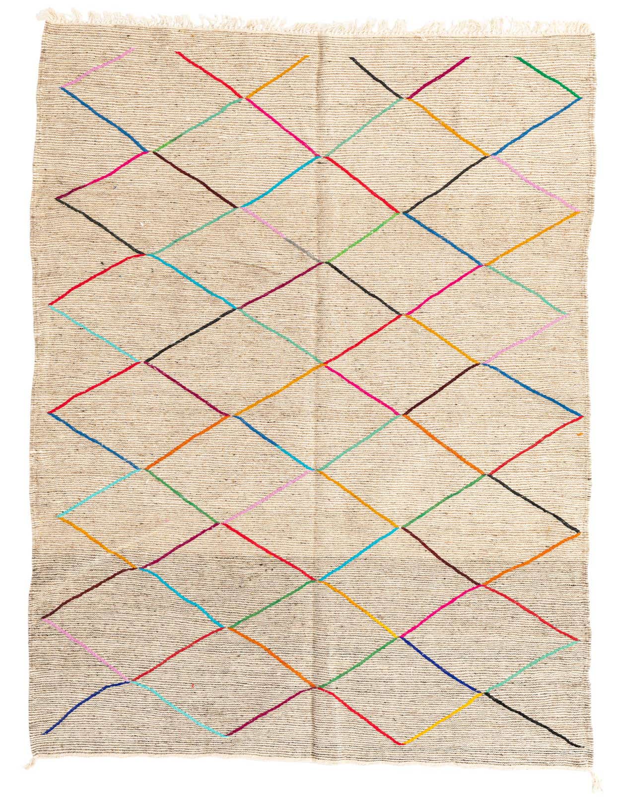 A 5x8 rectangular Moroccan shag rug with a natural brown and tan base, featuring a vibrant, colorful diamond lattice pattern.