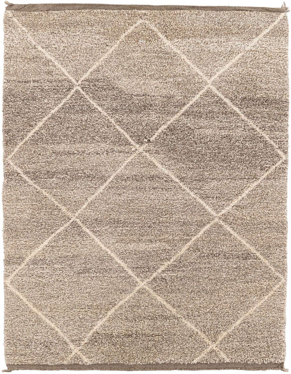 A 5x8 rectangular shag rug in varying shades of brown and tan, featuring a modern tribal diamond pattern.