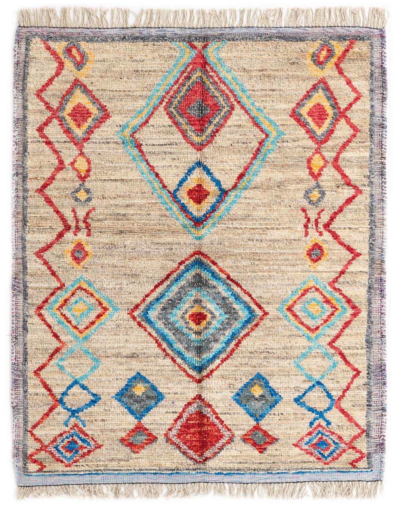 A 5x8 rectangular Moroccan shag rug with a brown and tan base, featuring colorful tribal diamond and zigzag patterns in red, blue, yellow, and gray.