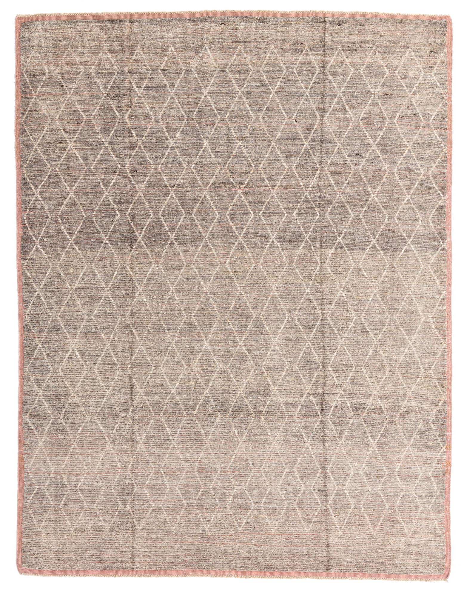 An 8x11 rectangular brown and tan wool shag rug with a modern tribal diamond pattern and a subtle pink border.