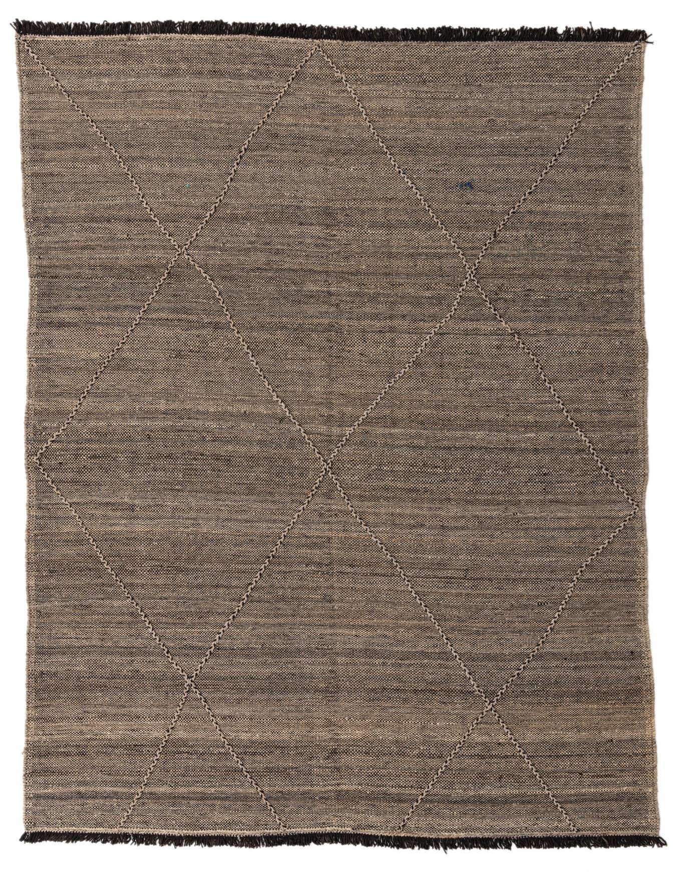 A 7x10 rectangular brown wool shag rug with a modern tribal diamond pattern and dark fringe.