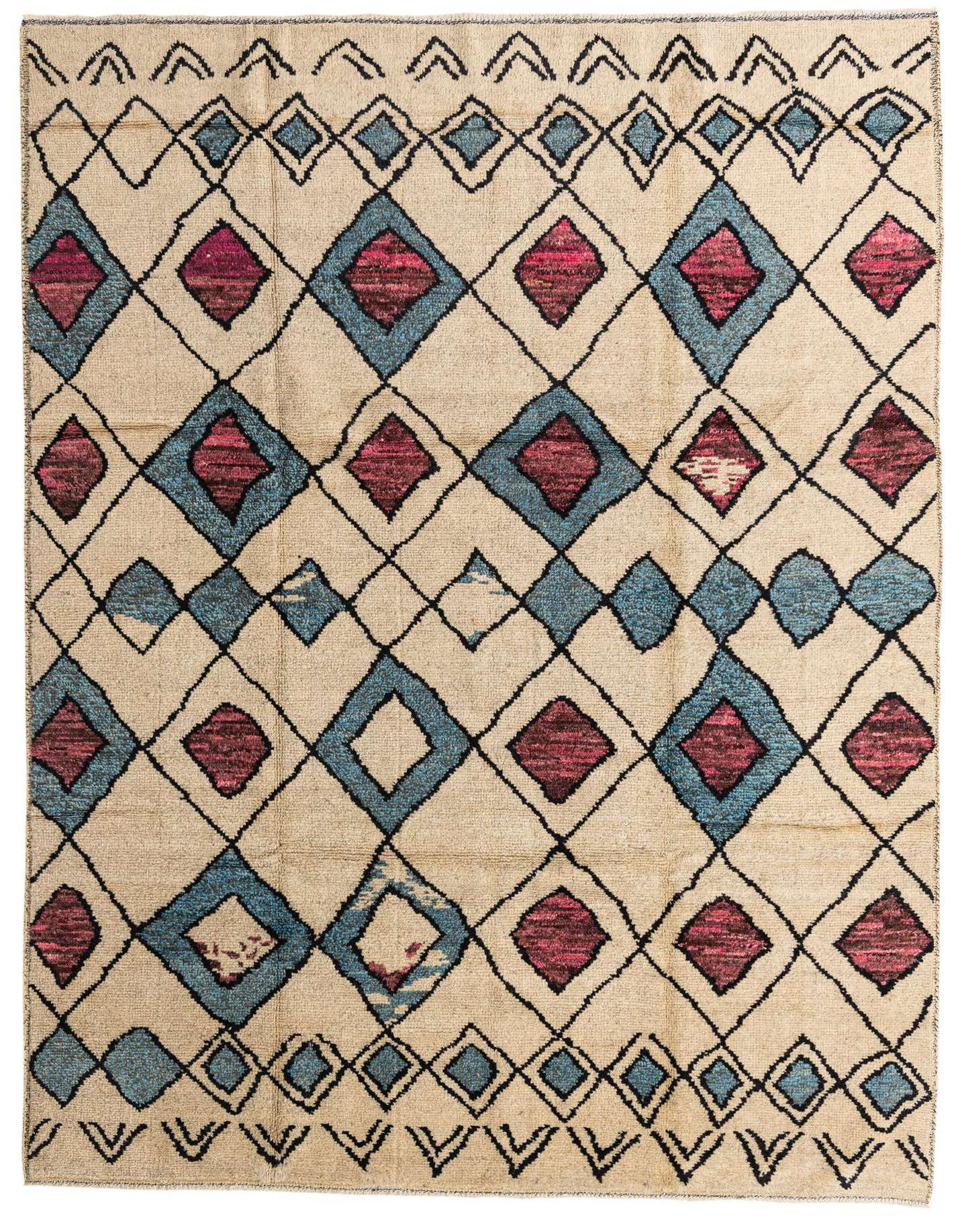 A 9x12 rectangular Moroccan shag rug with an abstract tribal pattern in brown, tan, blue, and magenta diamonds.