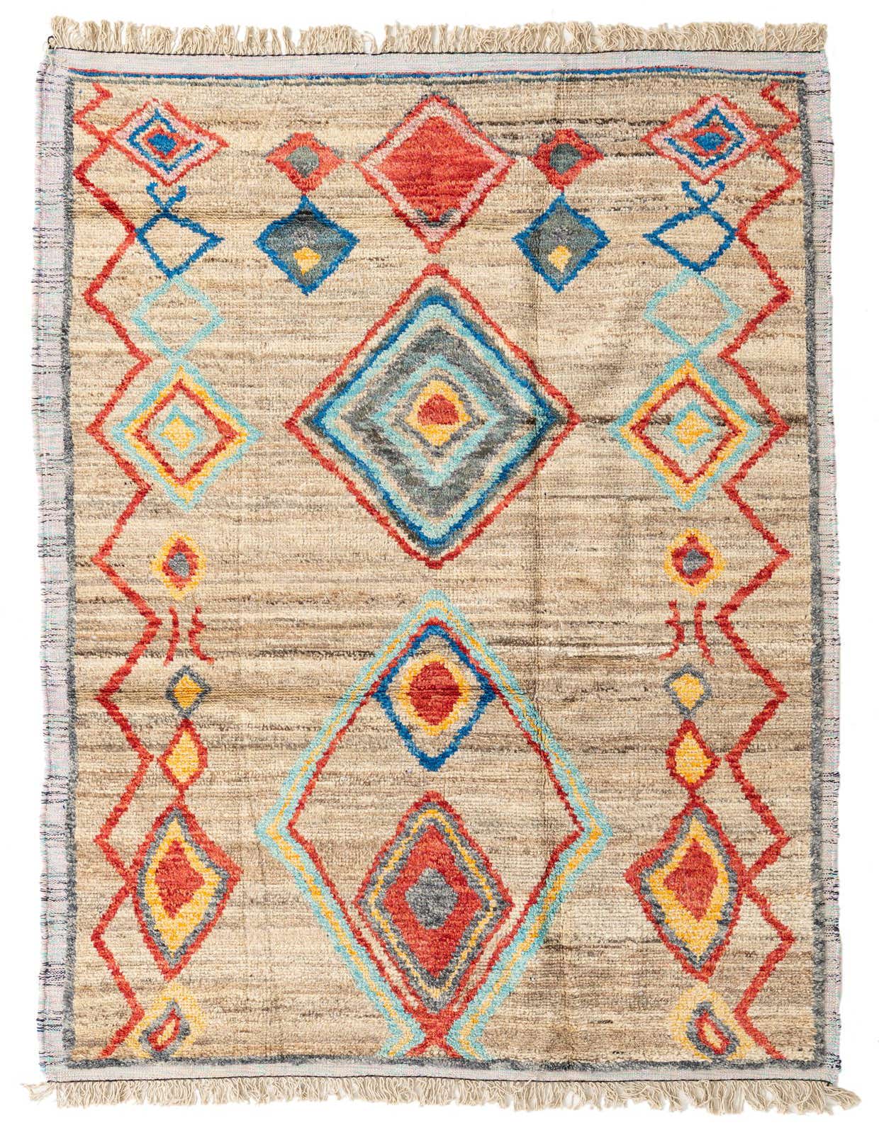 A 6x9 rectangular Moroccan shag rug with a brown and tan base, featuring colorful tribal diamond patterns in red, blue, and yellow.