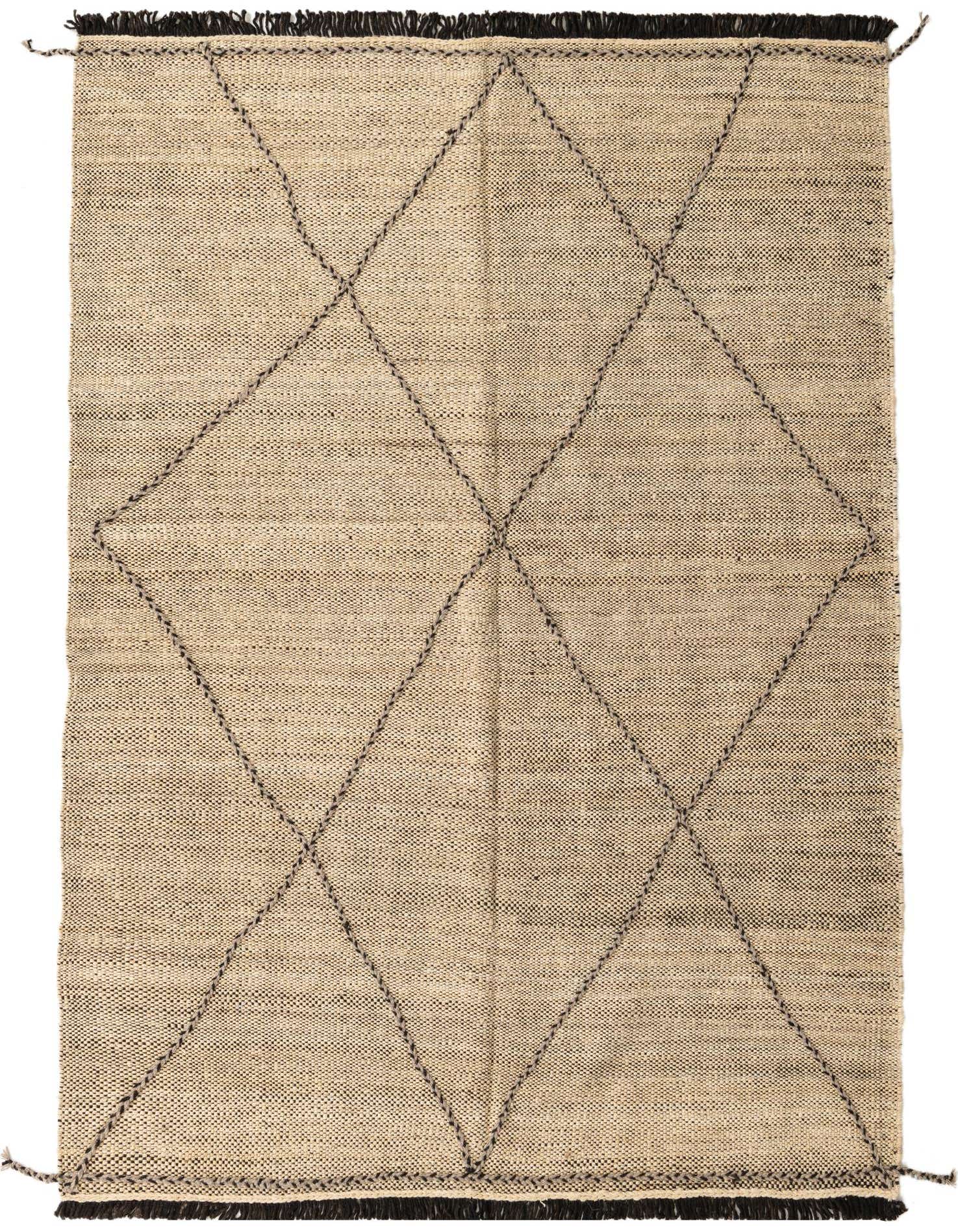 A 5x8 rectangular brown and tan wool shag rug with a tribal diamond pattern and dark fringe.