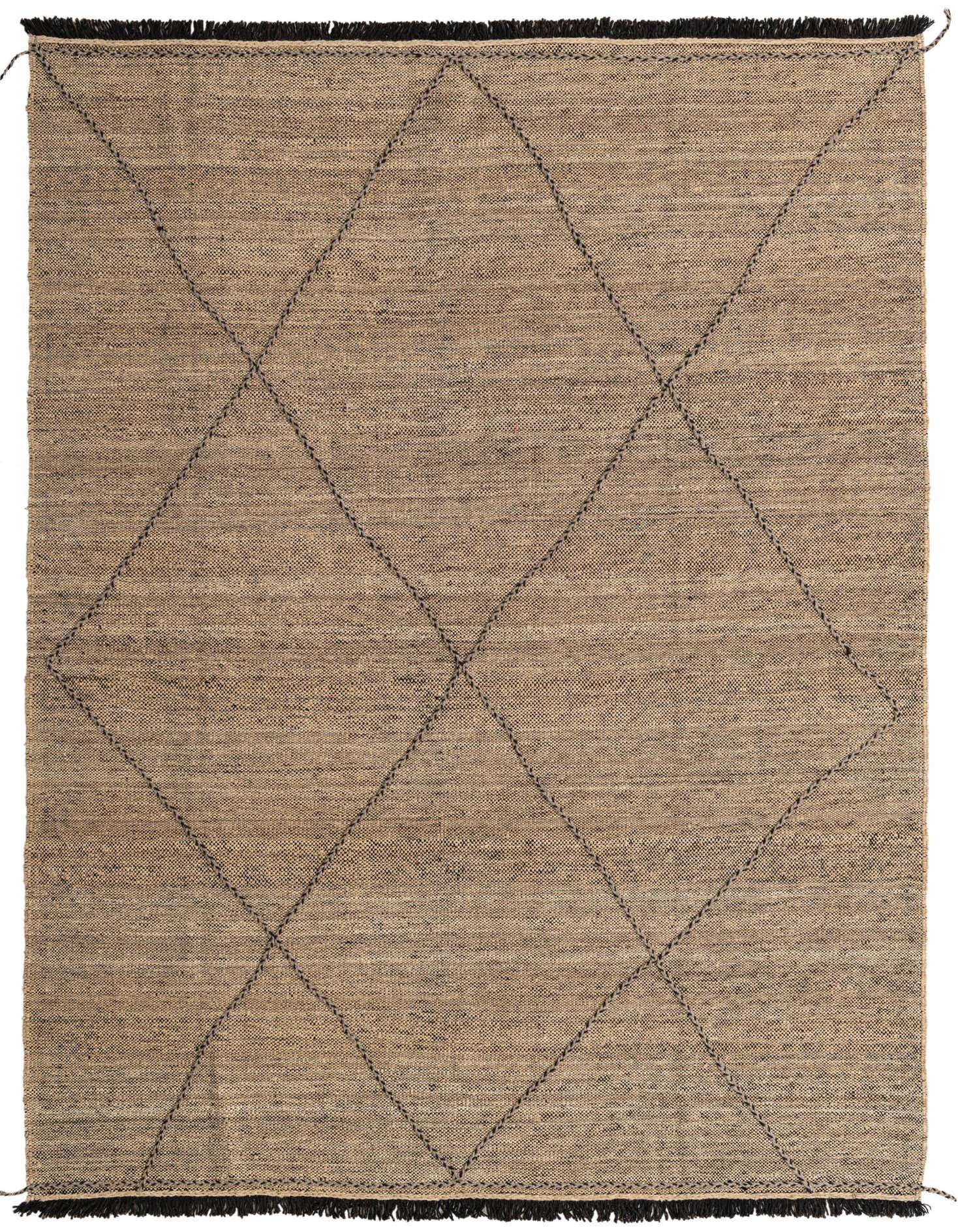 A 7x10 rectangular brown and tan wool shag rug with a modern tribal diamond pattern and dark fringed edges.