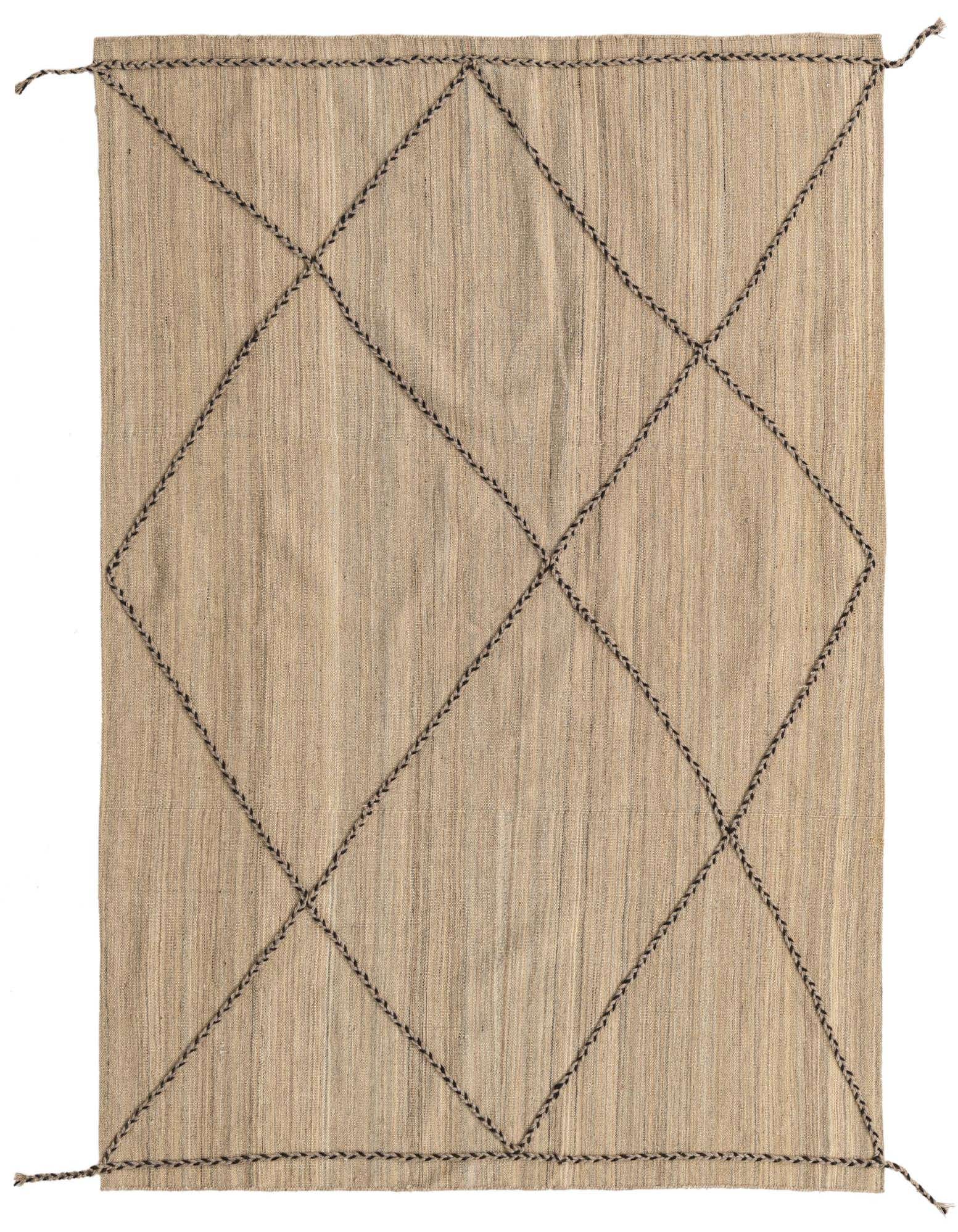 A 4x6 rectangular brown wool shag rug with a dark brown tribal diamond pattern, ideal for a living room.