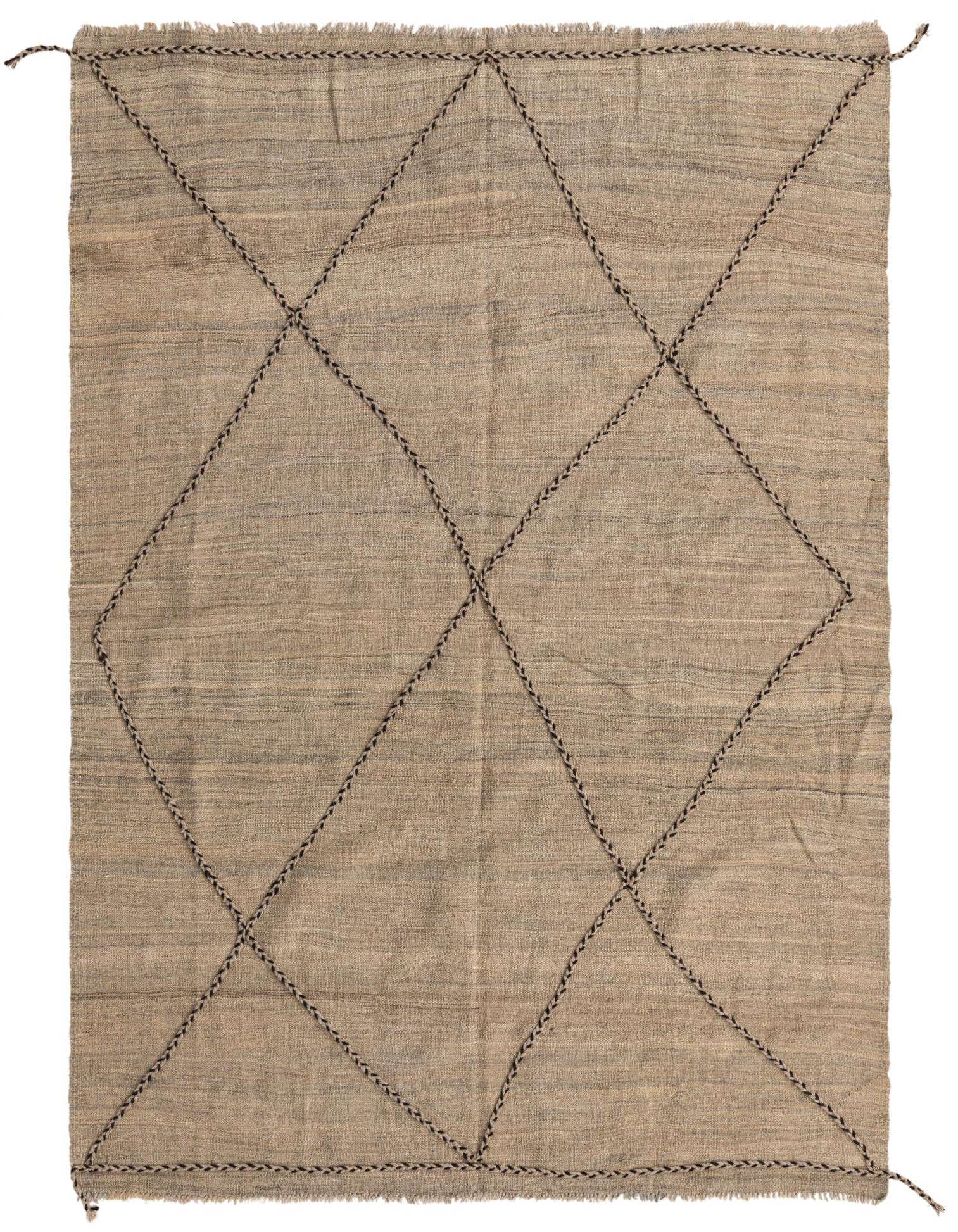 A 5x8 rectangular brown wool shag rug with a tribal diamond pattern made from braided dark brown lines.