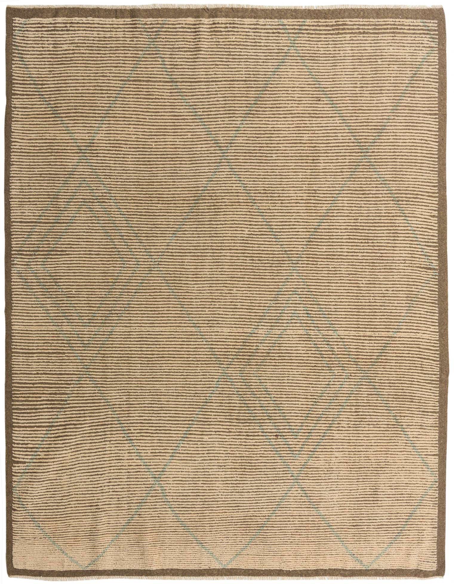 An 8x11 rectangular shag rug in brown and tan with a subtle tribal diamond pattern, ideal for a living room.