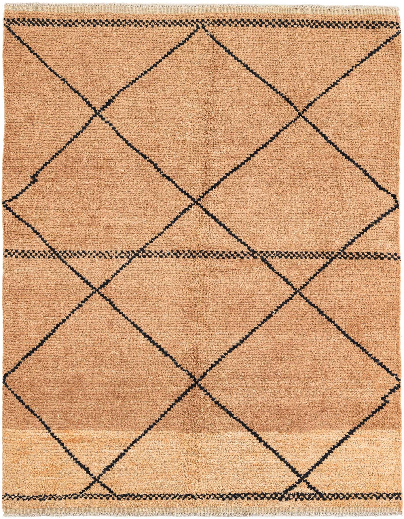 A 5x8 rectangular Moroccan shag rug in warm brown and tan, featuring a tribal black diamond pattern, perfect for a living room.
