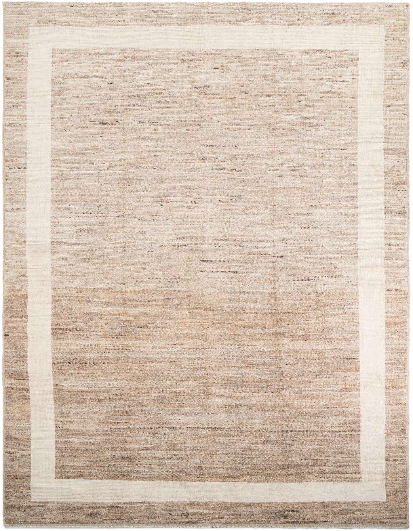 A 10x14 rectangular brown and tan tribal wool shag rug with a thick off-white border.