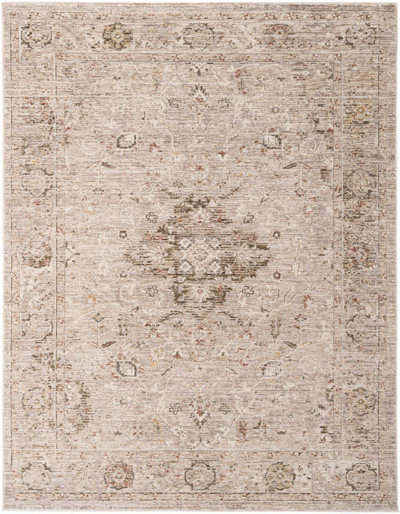 A 5x8 rectangular indoor rug with a traditional medallion pattern in varying shades of brown and tan.