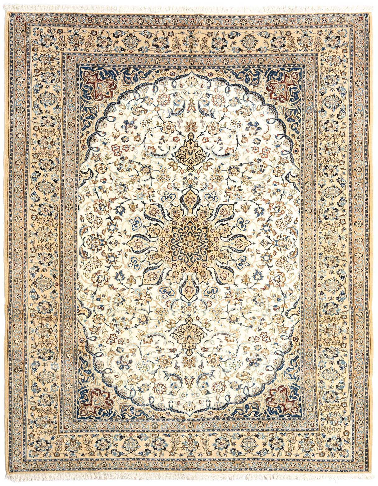 A 7x10 rectangular Nain Persian rug featuring a cream field with a central medallion and intricate floral patterns in blues, browns, and tans, surrounded by a detailed border.