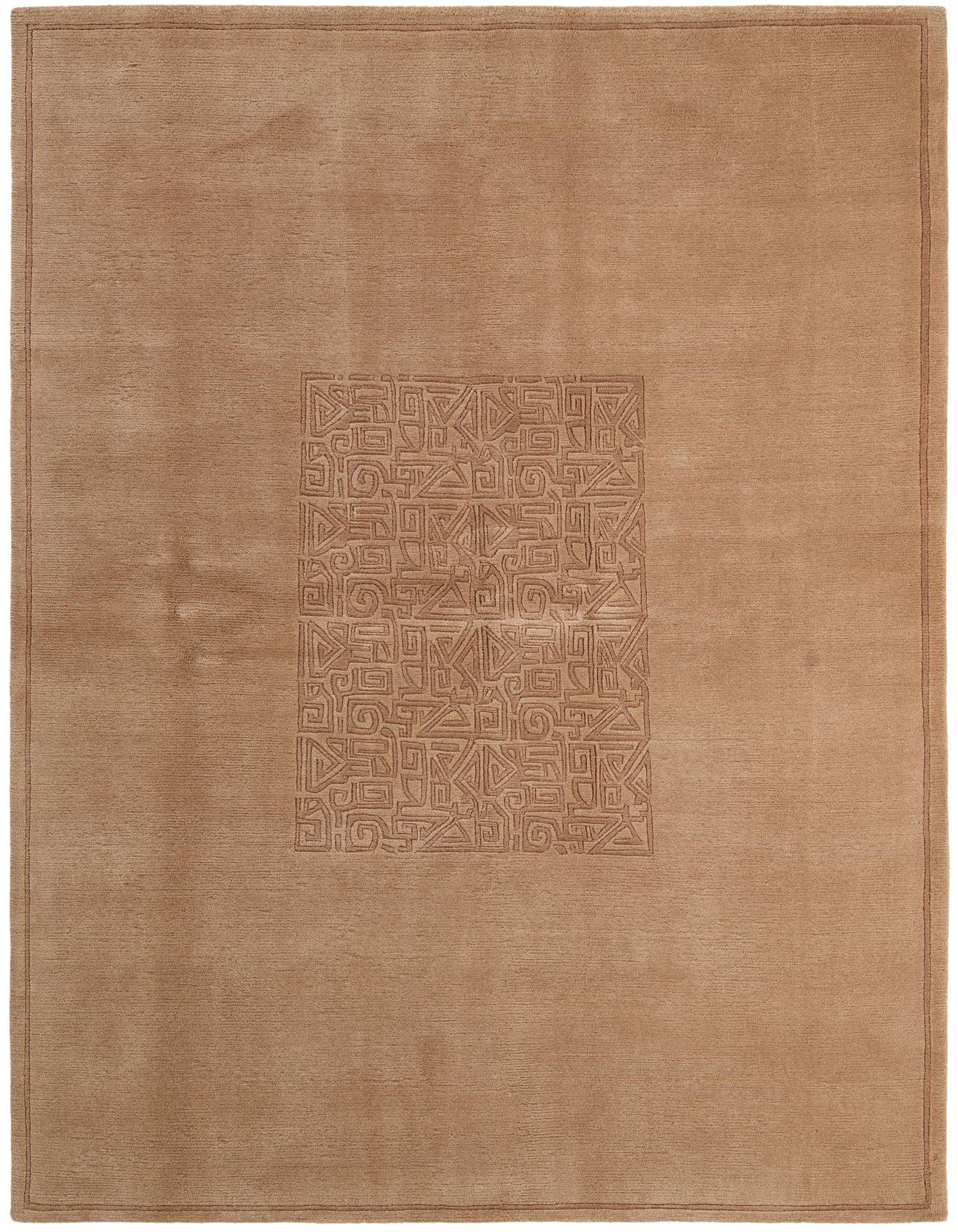 A 5x8 rectangular brown area rug with a subtle, raised modern geometric pattern in the center, perfect for a living room.