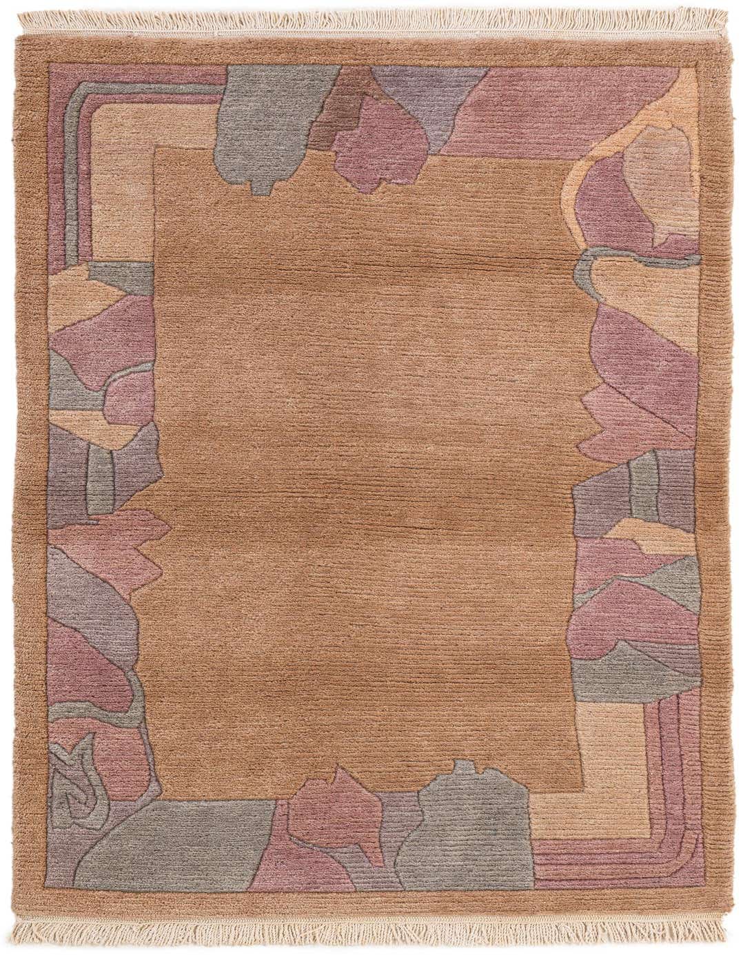 A 3x5 rectangular brown wool rug with a modern abstract border in shades of pink, purple, and grey.