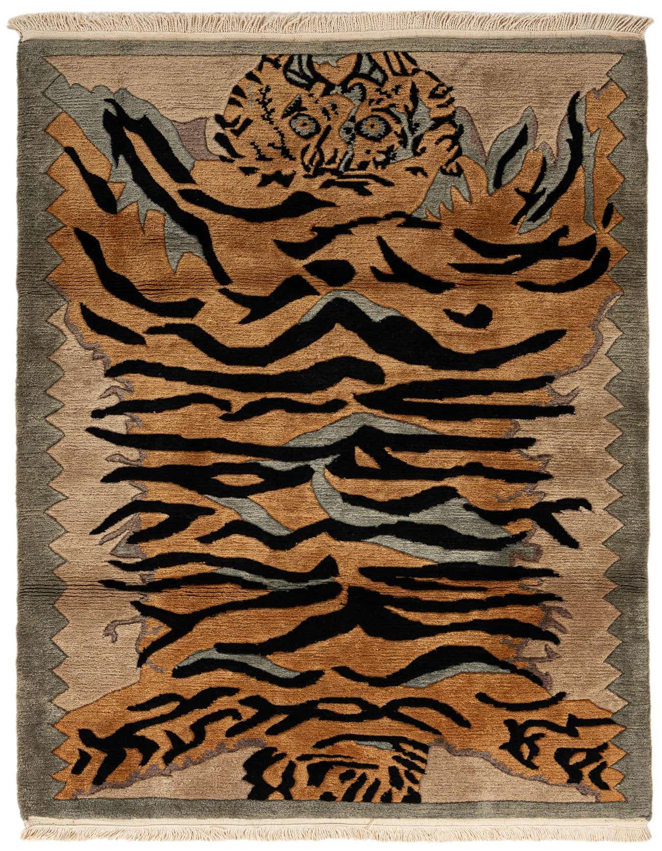 A 4x6 rectangular Nepal Collection rug featuring a modern tiger skin pattern in shades of brown, tan, and black.