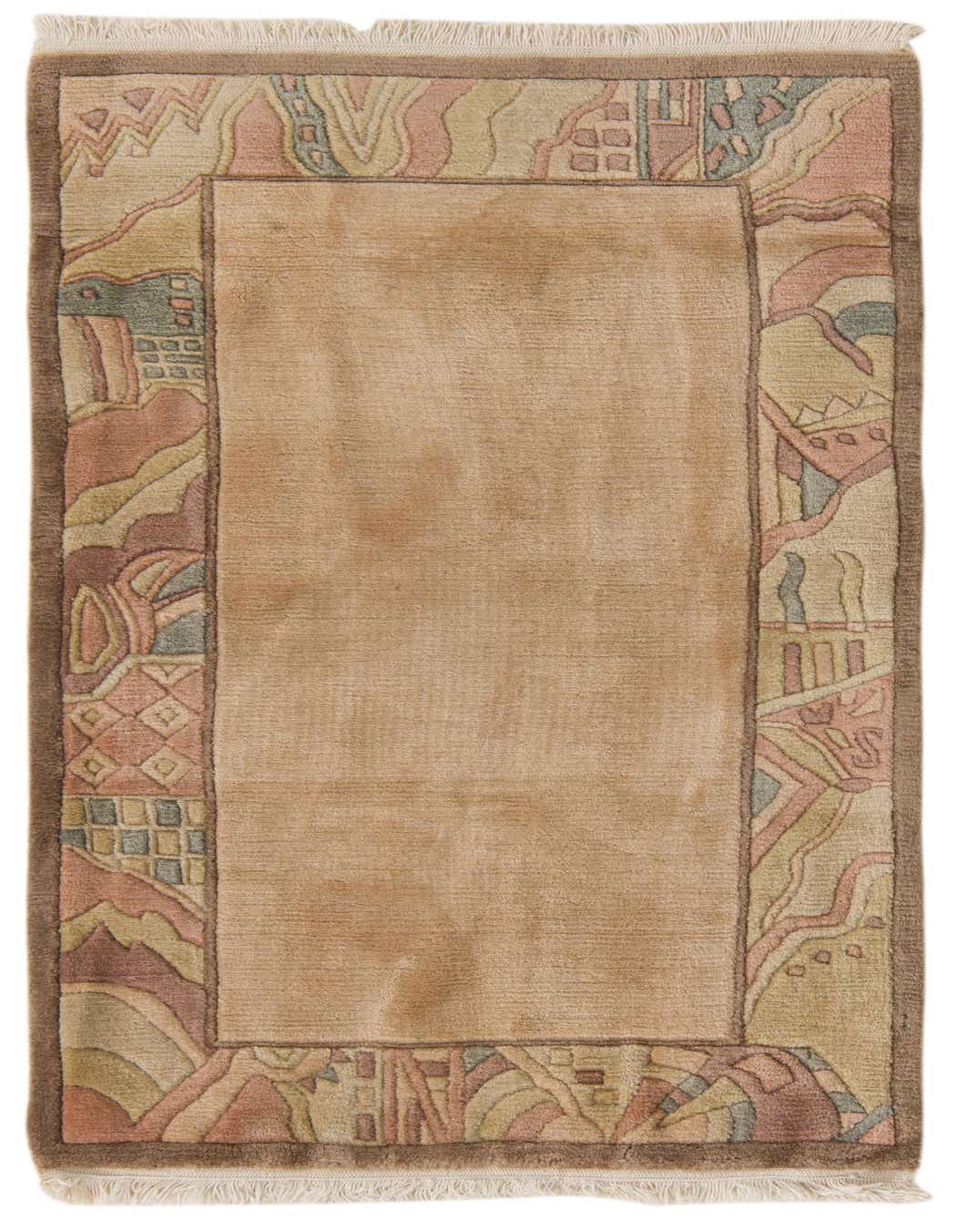 A 3x4 rectangular Rugs.com Nepal wool rug with a tan center and a modern abstract border in muted browns, tans, and hints of green and pink.