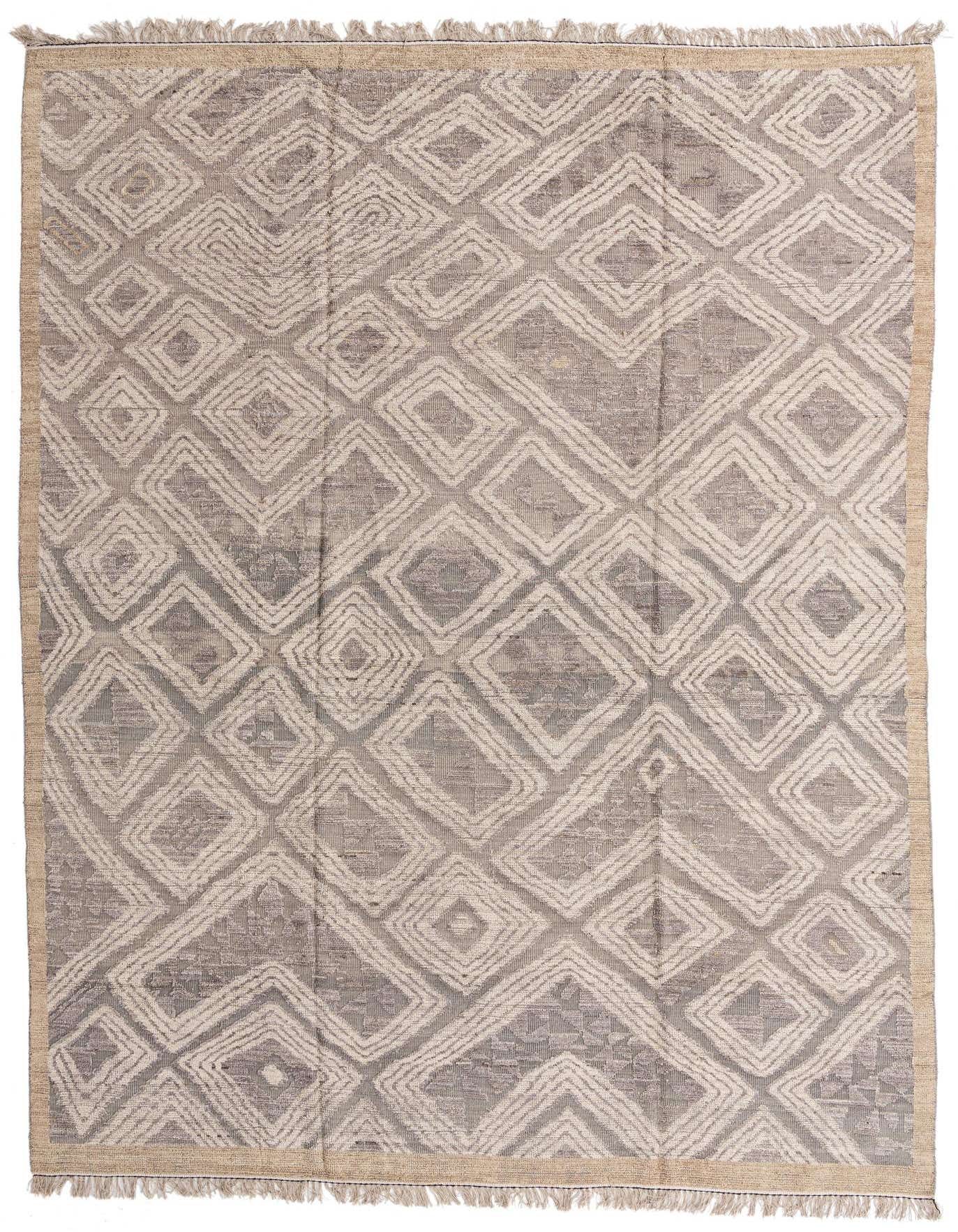 A 10x14 rectangular Oushak rug in brown and tan with a modern geometric diamond pattern and textured pile.