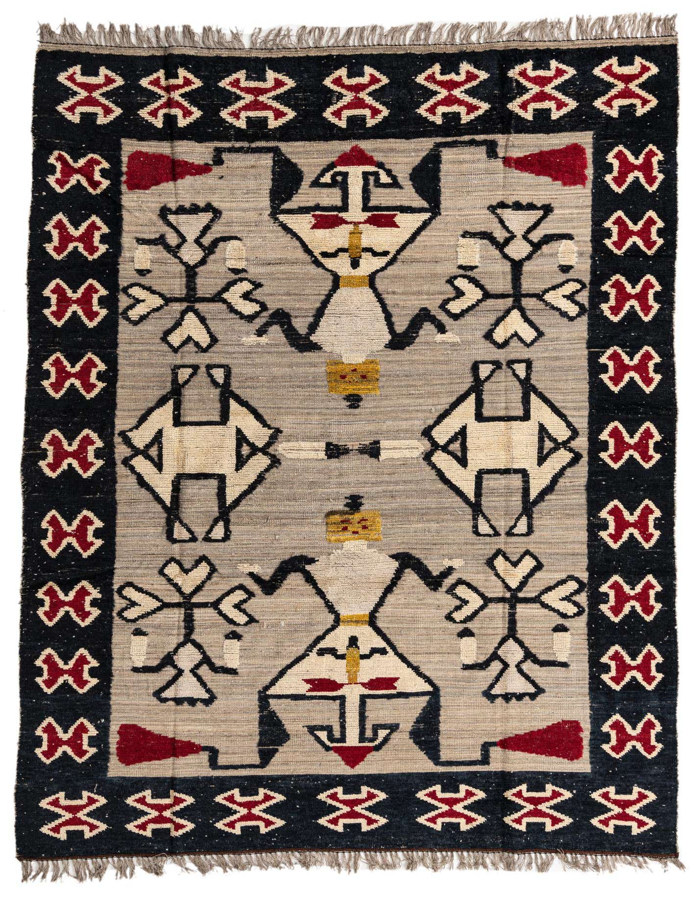 An 8x10 rectangular Oushak rug featuring a modern abstract pattern in browns, tans, black, red, and gold, with fringed edges.