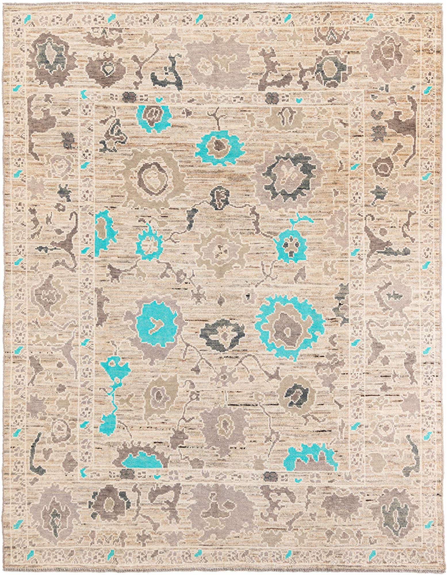 A rectangular 8x10 Oushak rug with a modern floral pattern in browns, tans, grays, and pops of teal, suitable for a living room.