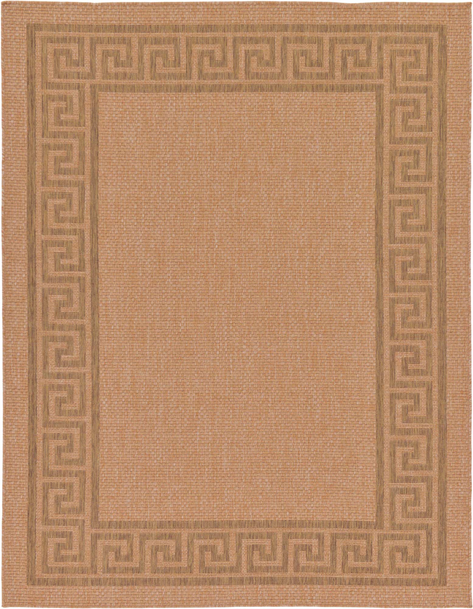 A 7x10 rectangular brown and tan indoor/outdoor rug with a Greek key border pattern, suitable for a patio or living room.