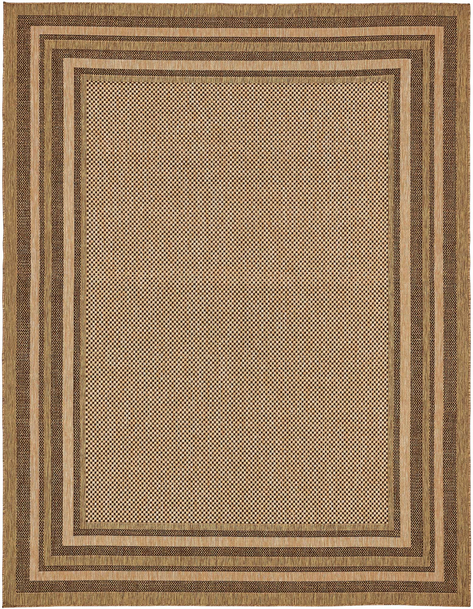 A 9x12 rectangular brown and tan indoor/outdoor rug with a modern solid border pattern.