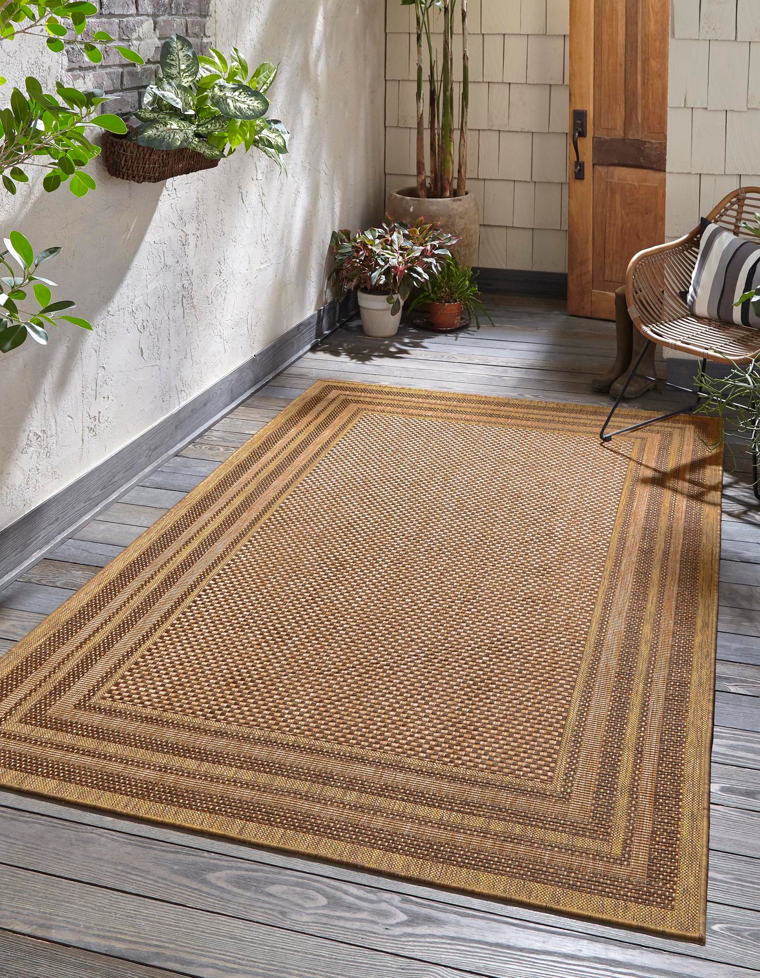 Light Brown 5' 3 x 8' Border Indoor / Outdoor Rug | Rugs.com