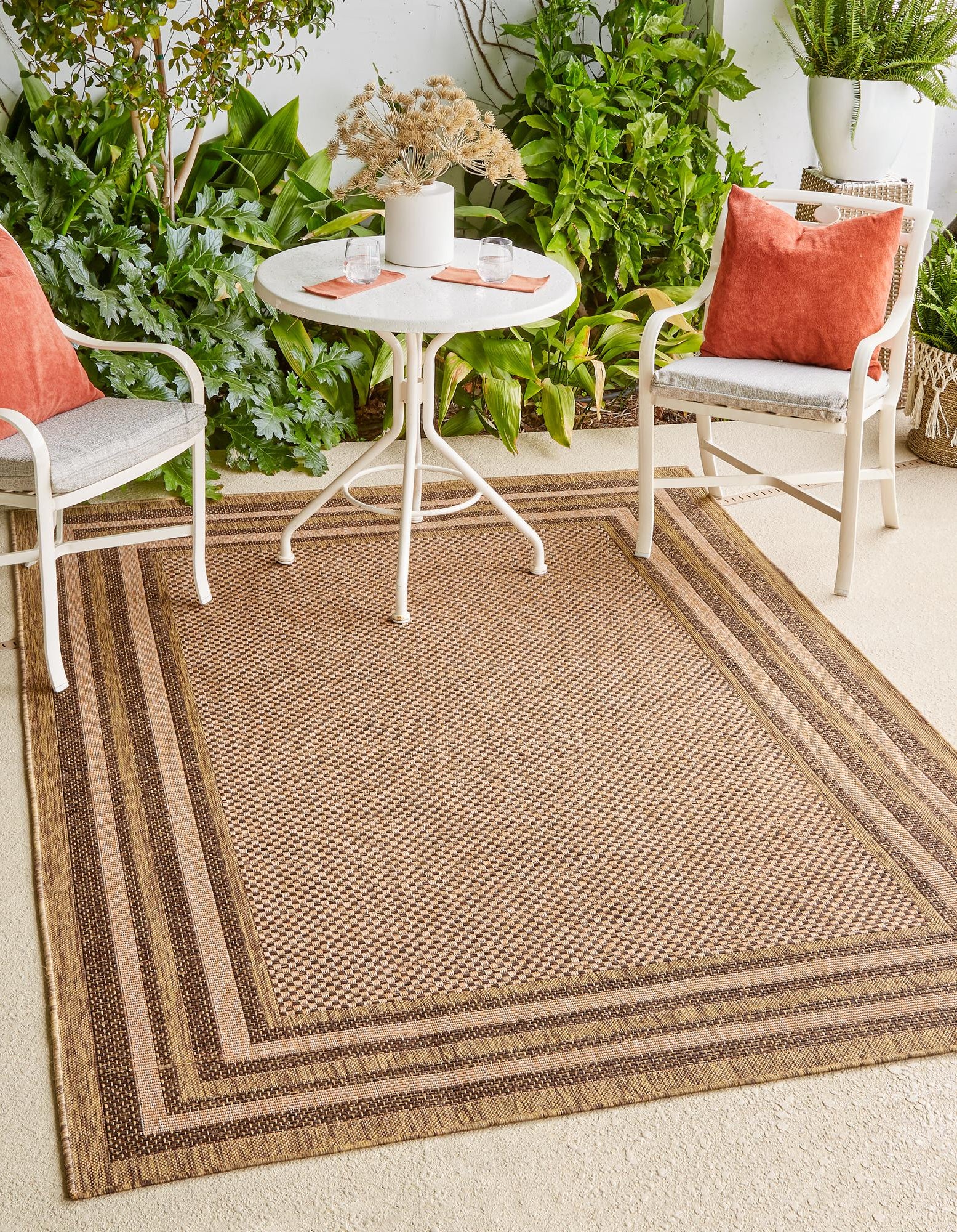 Light Brown 5' 3 x 8' Border Indoor / Outdoor Rug | Rugs.com