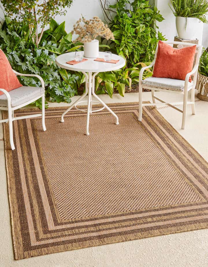 Light Brown 5' 3 x 8' Border Indoor / Outdoor Rug | Rugs.com