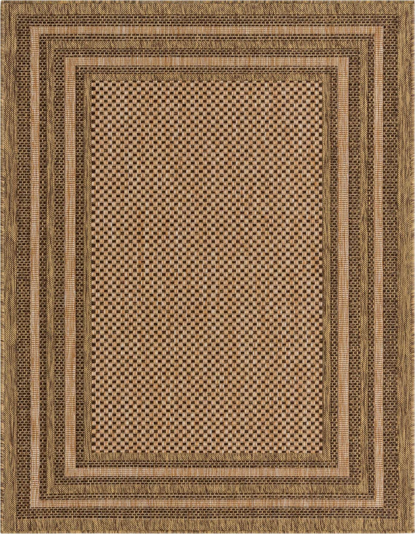 A 4x6 rectangular brown and tan indoor/outdoor rug with a modern solid border design, ideal for a patio or living room.