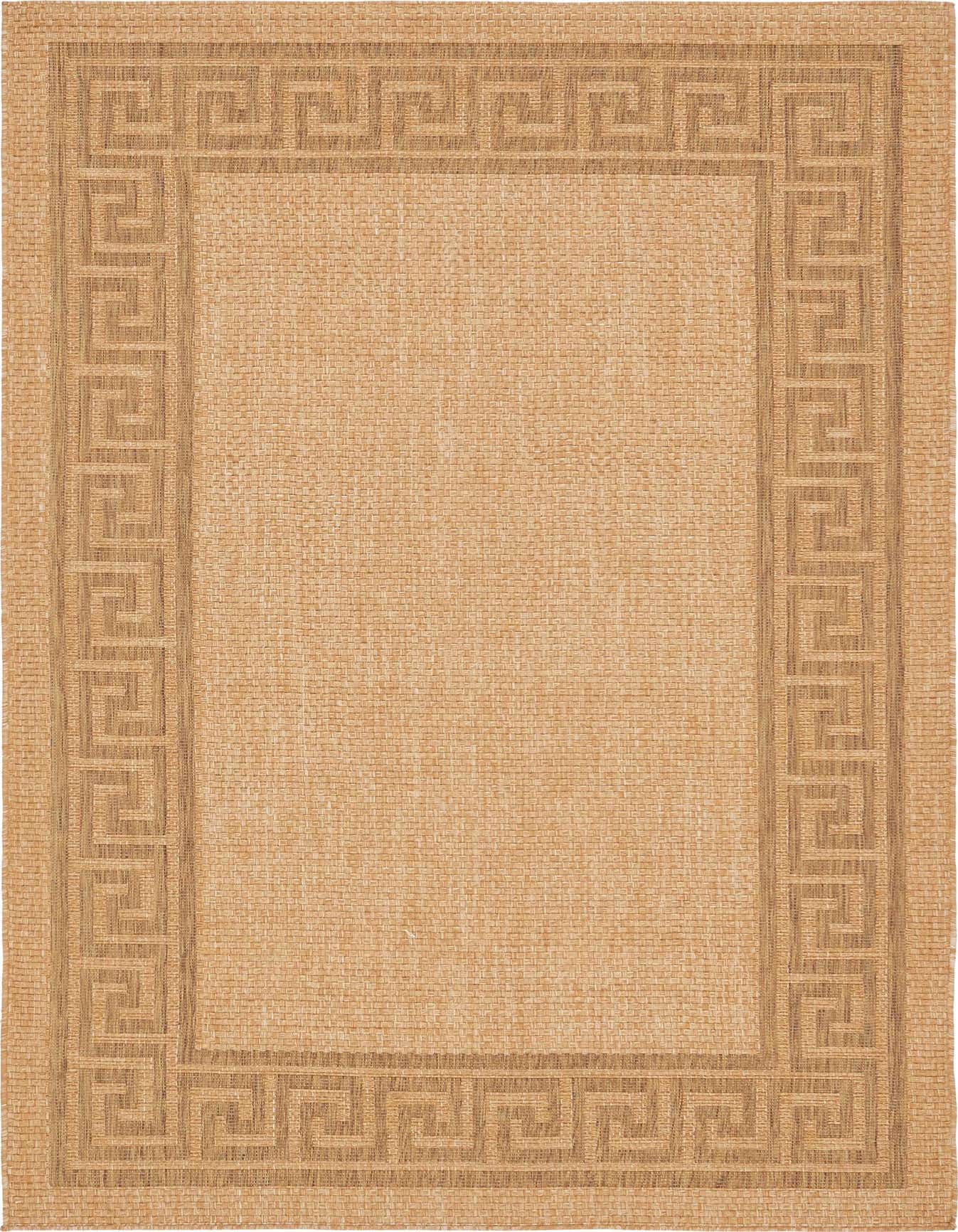 A 6x9 rectangular brown polypropylene rug with a darker brown Greek key border pattern, suitable for indoor or outdoor use.