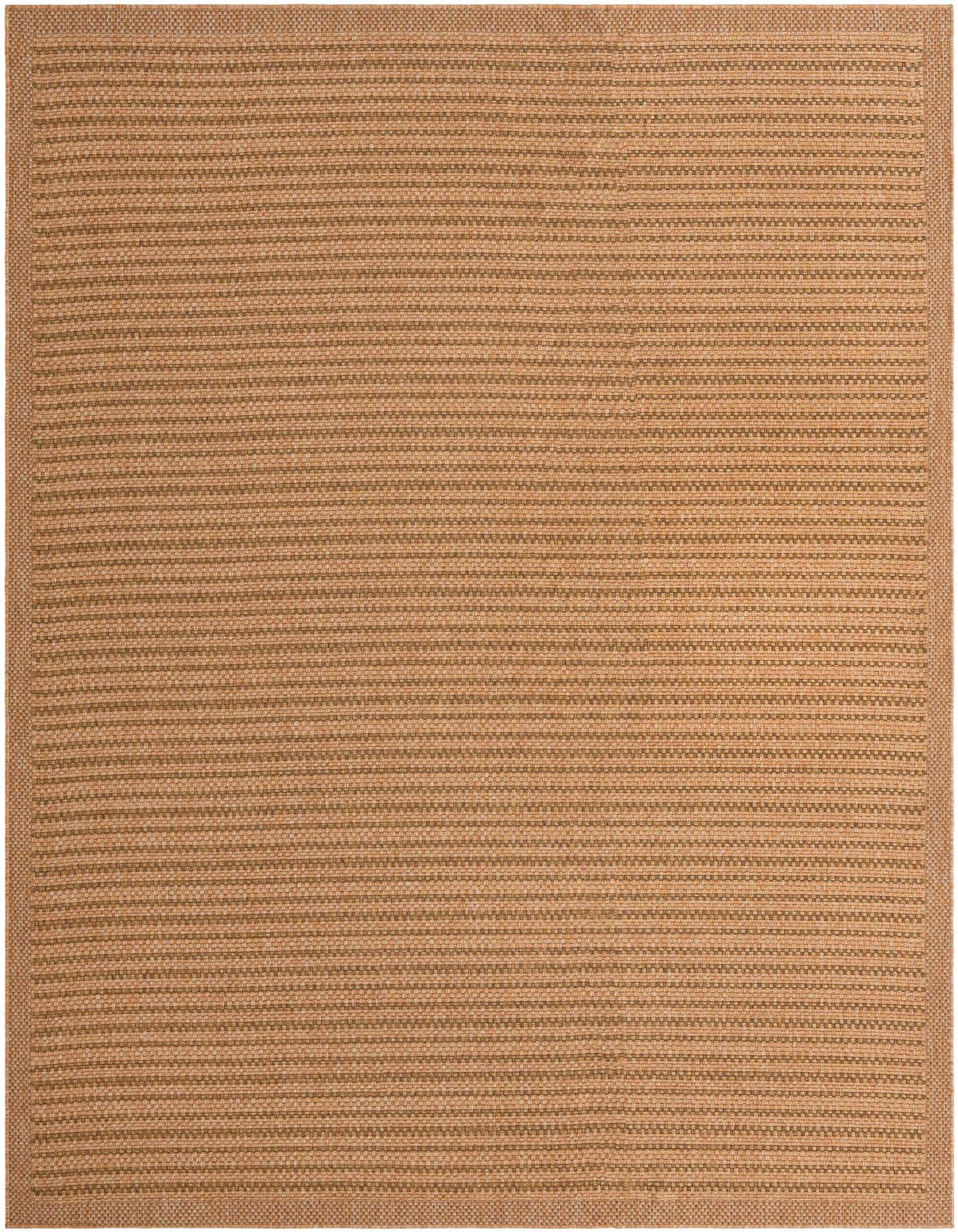 A 10x13 rectangular brown and tan flatweave rug with a subtle striped texture and a solid border, suitable for indoor or outdoor use.