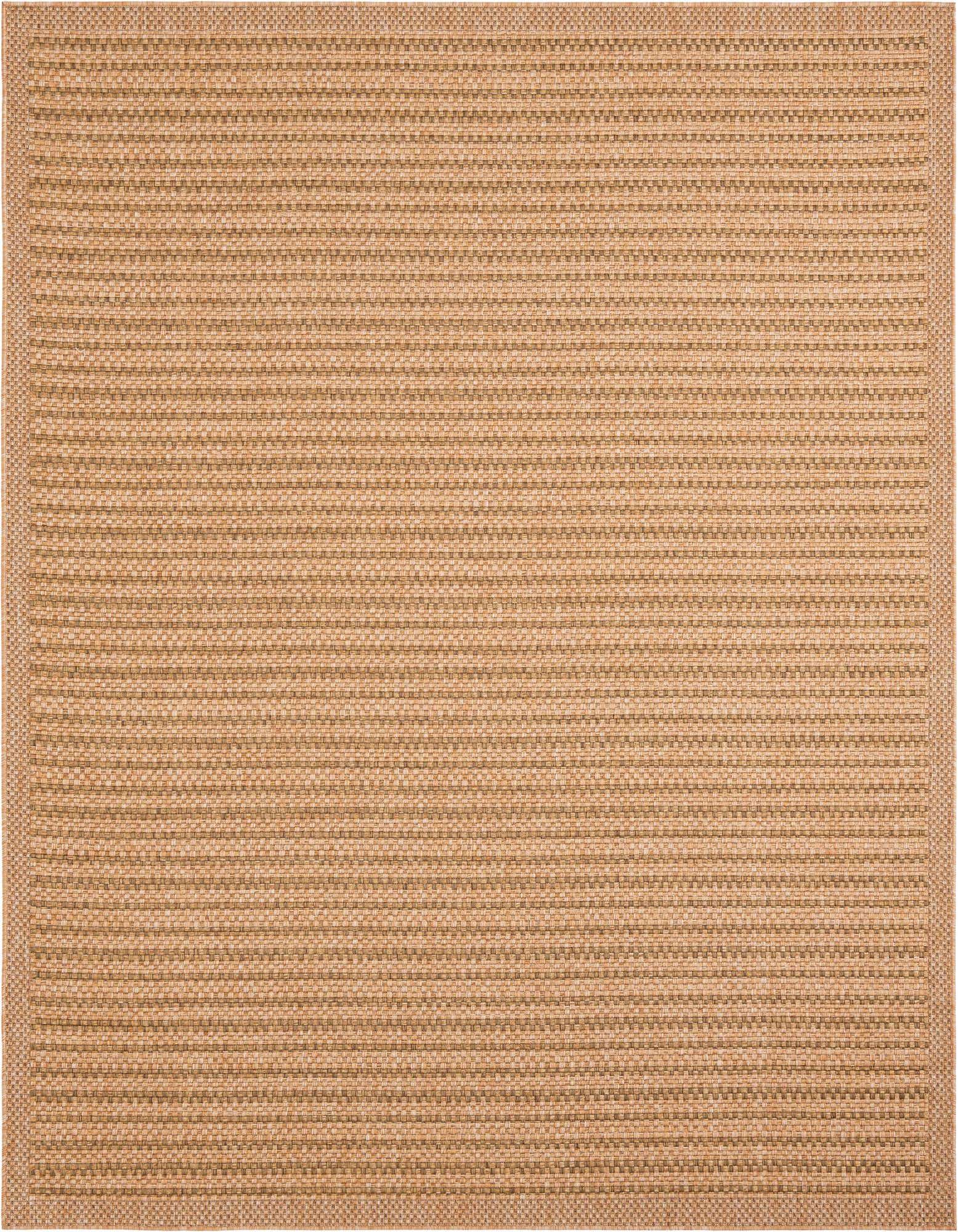 A rectangular 8x10 brown flatweave rug with a subtle textured stripe pattern and a thin border, suitable for indoor or outdoor use.