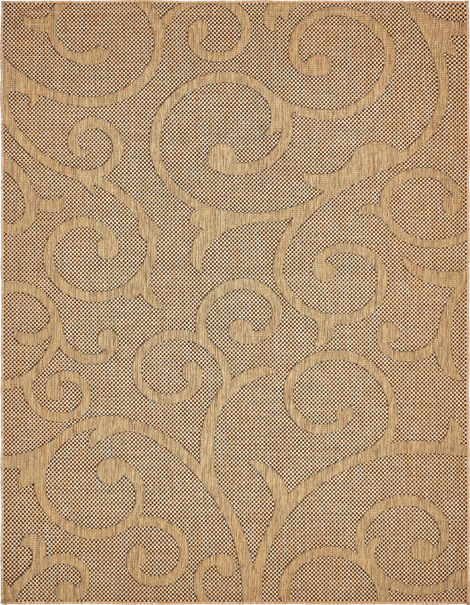 A 7x10 rectangular indoor/outdoor rug featuring a tan botanical scroll pattern over a textured brown and tan flatweave.