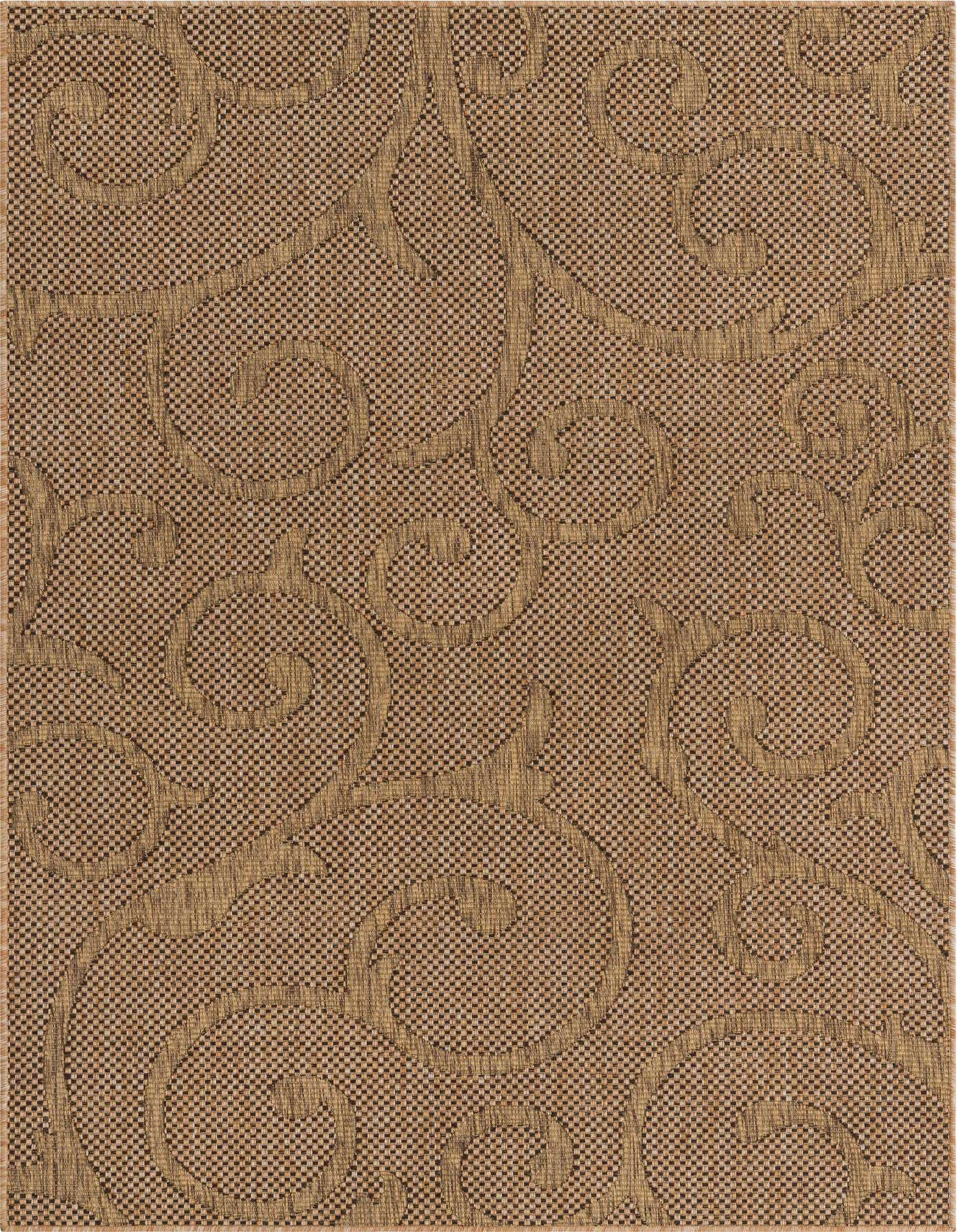 A 5x8 rectangular brown and tan indoor/outdoor rug with a modern botanical scroll pattern.